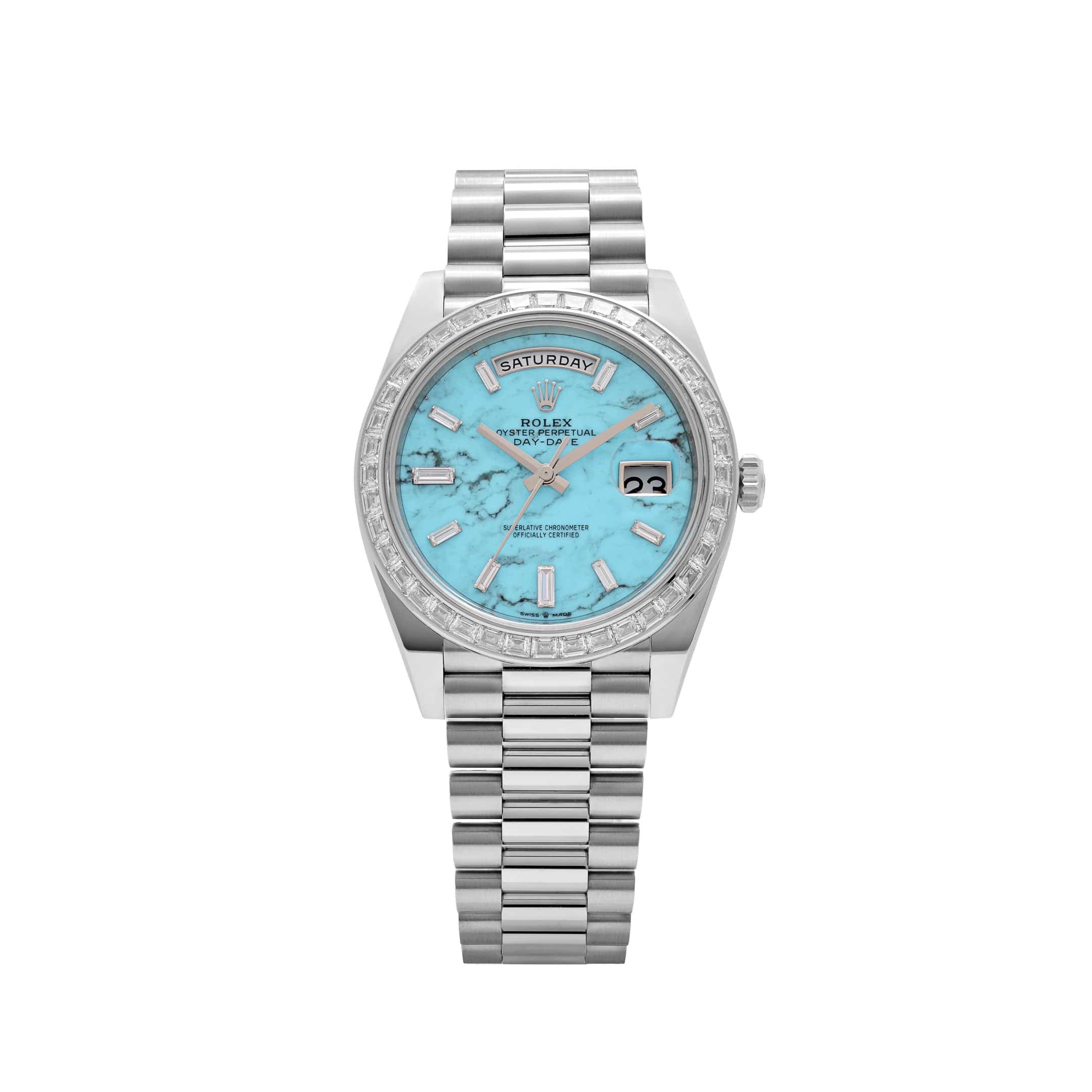 Rolex Day-Date 40 228396TBR Platinum Turquoise Stone Diamond Dial Diamond Bezel