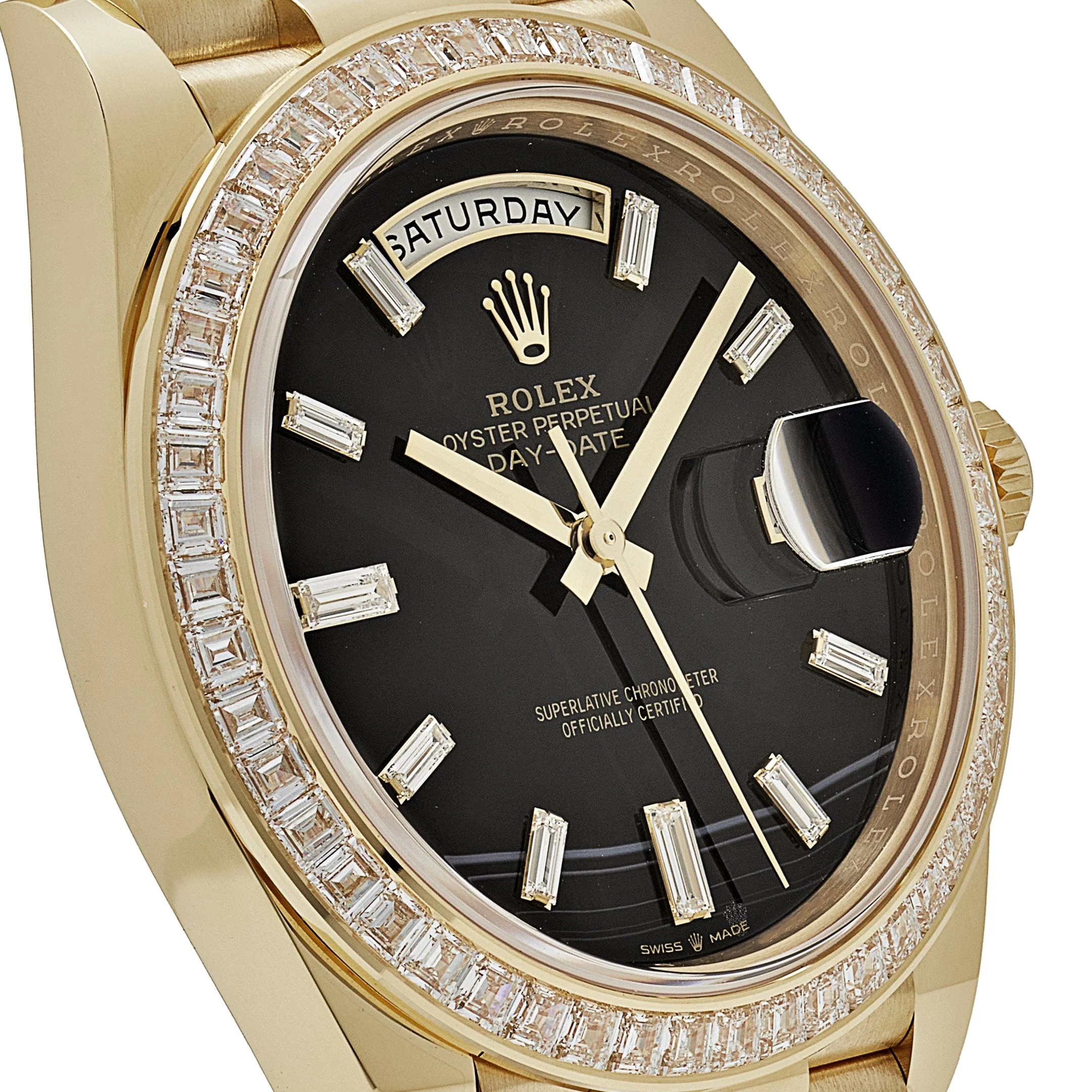 Rolex Day-Date 40 228398TBR Yellow Gold Onyx Baguette Diamond Dial Baguette Bezel (2023)