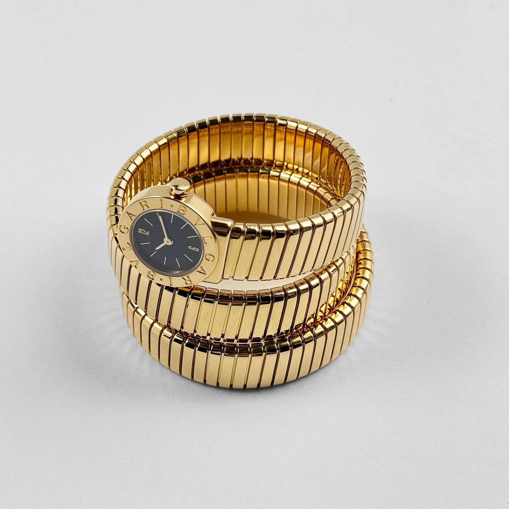 BVLGARI Tubogas BB191T 3 Row Yellow Gold Black Dial Quartz