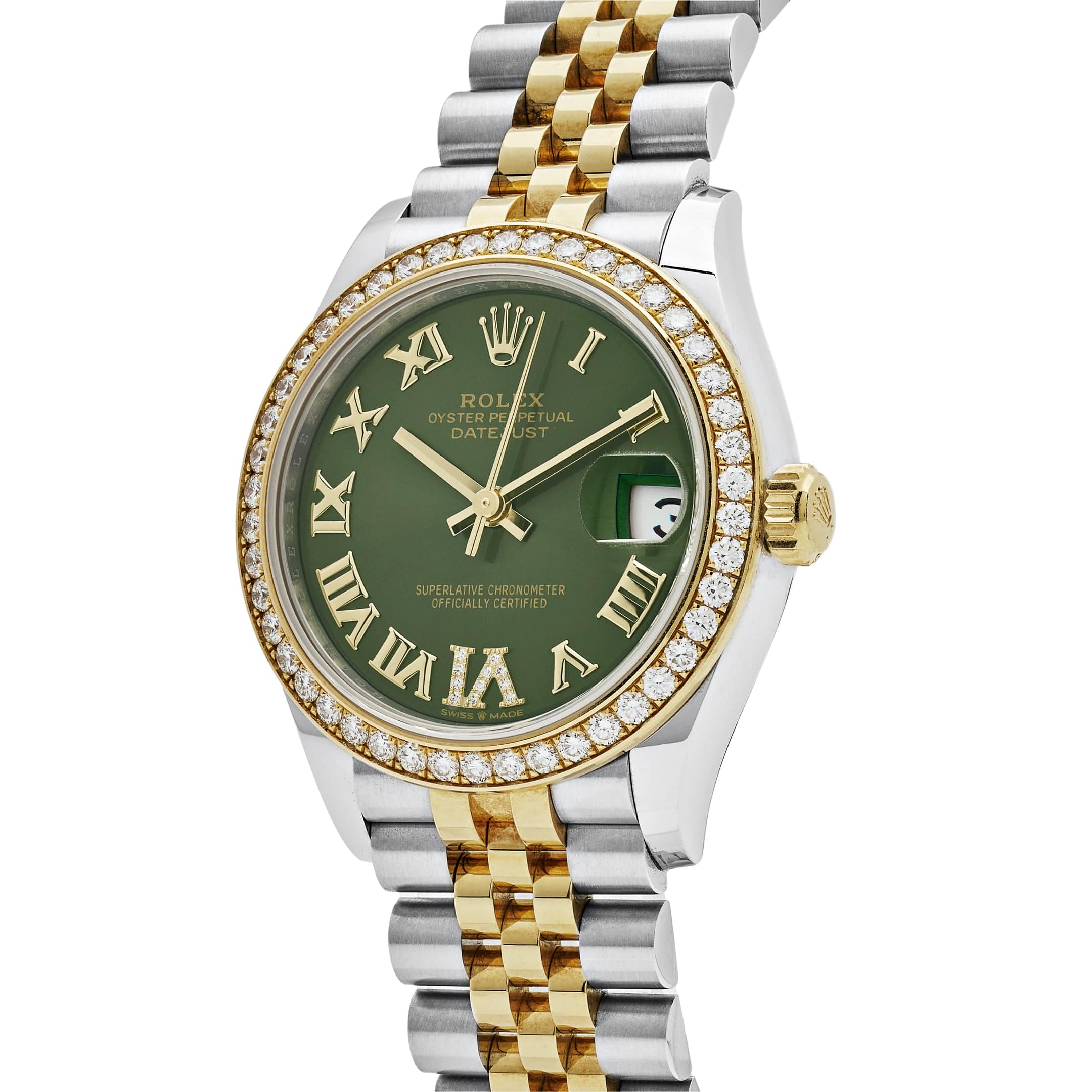 Rolex Datejust 31 278383RBR 'Ladies' Yellow Gold Stainless Steel Green Roman Dial Diamond Bezel