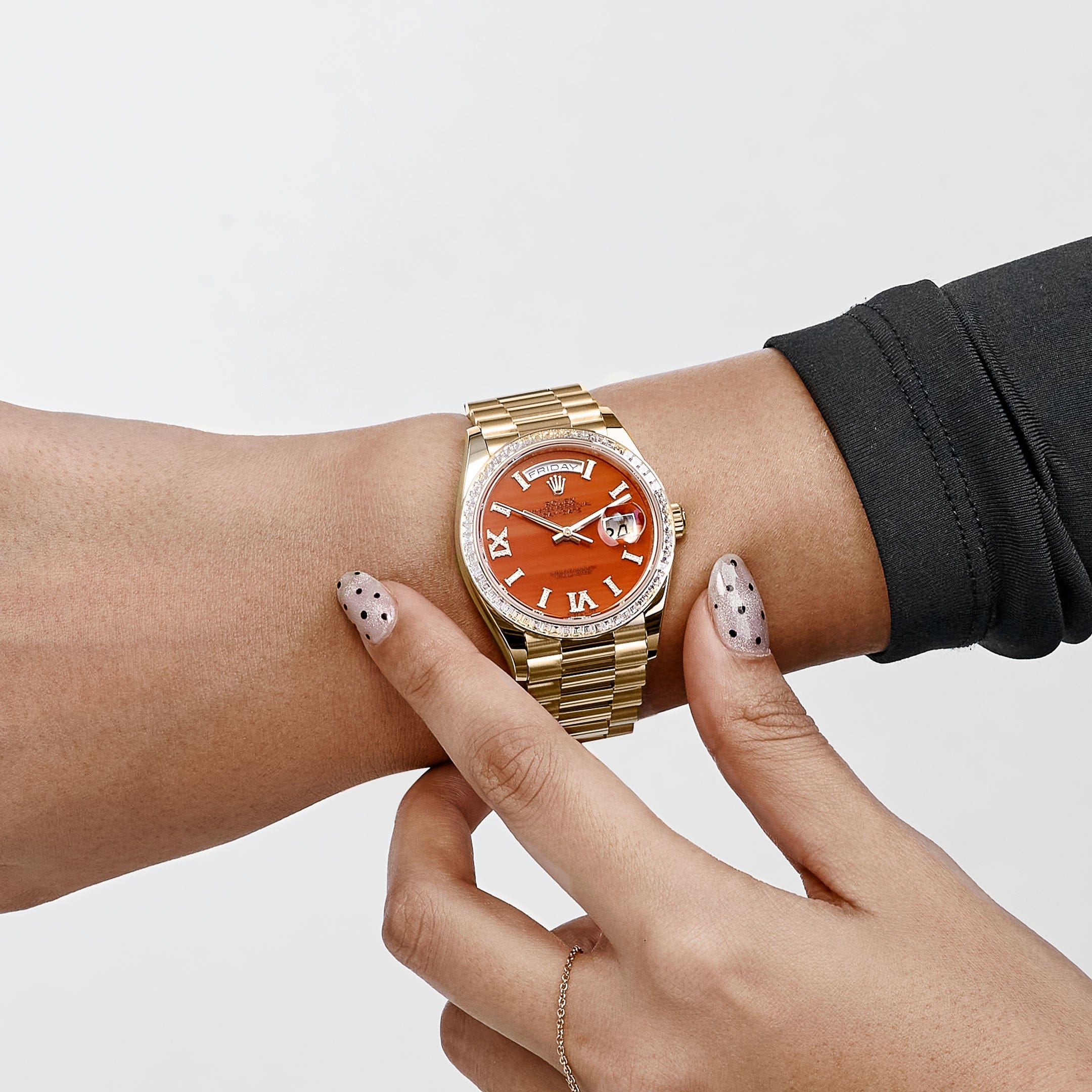 Rolex Day-Date 36 128398TBR Yellow Gold Carnelian Diamond Roman Numerals Dial Diamond Bezel