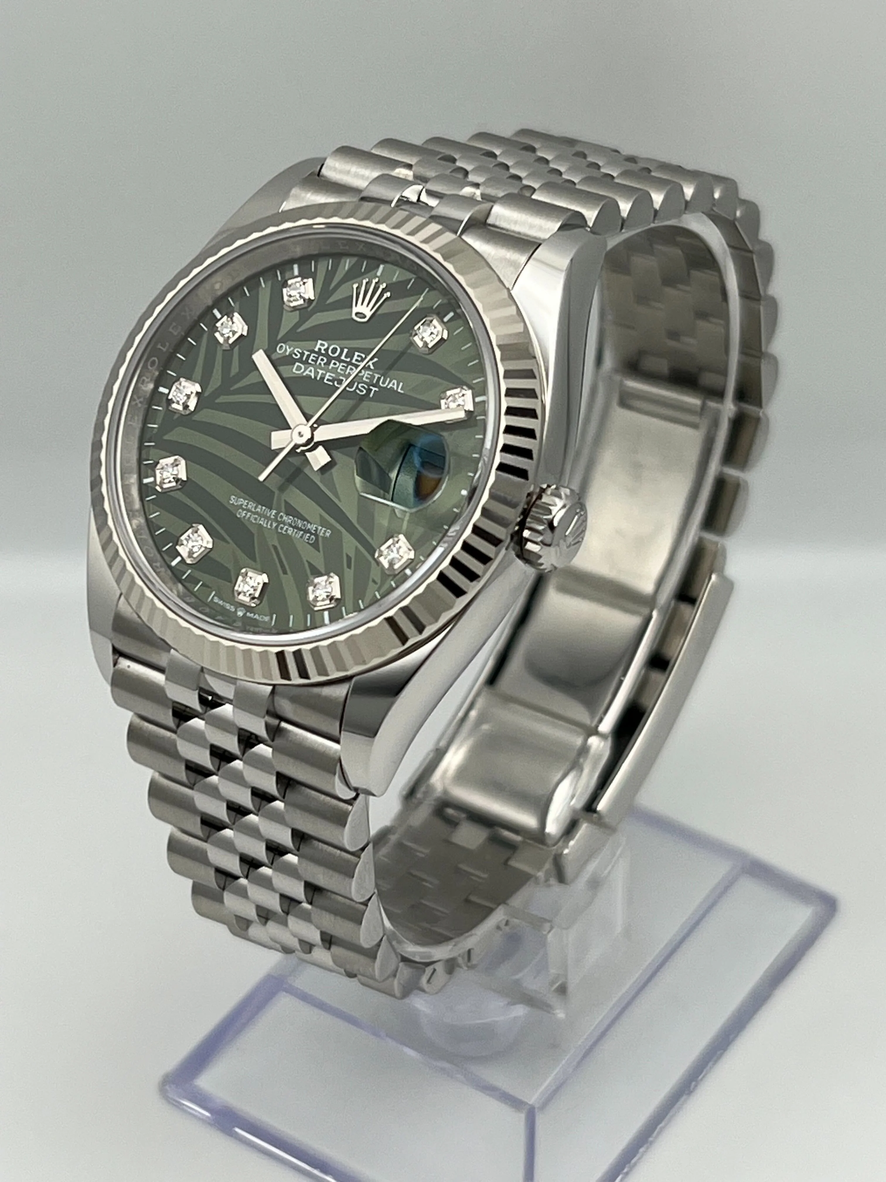 Rolex Datejust 36 126234 White Gold Stainless Steel Palm Motif Diamond Dial Jubilee