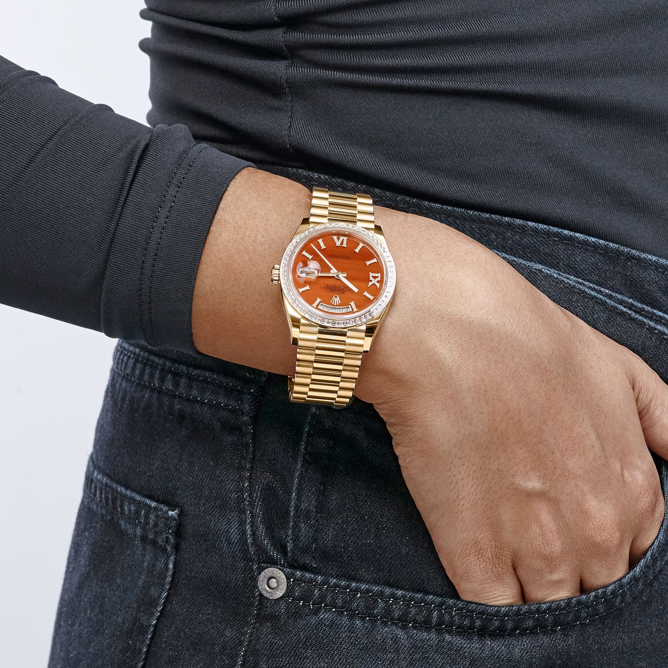 Rolex Day-Date 36 128398TBR Yellow Gold Carnelian Diamond Roman Numerals Dial Diamond Bezel