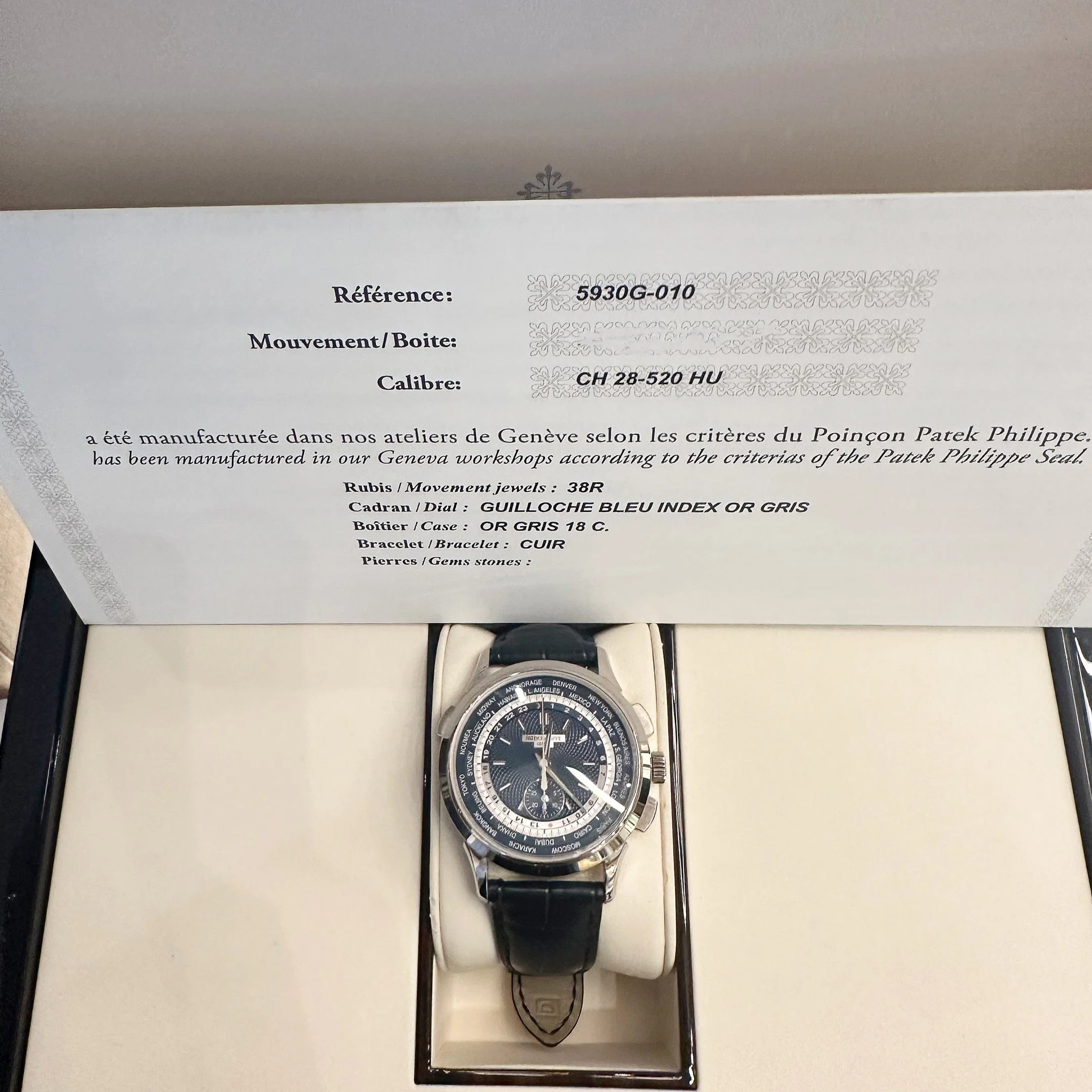 Patek Philippe Complications 5930G-010 World Time Flyback Chronograph White Gold Blue Dial (2022)