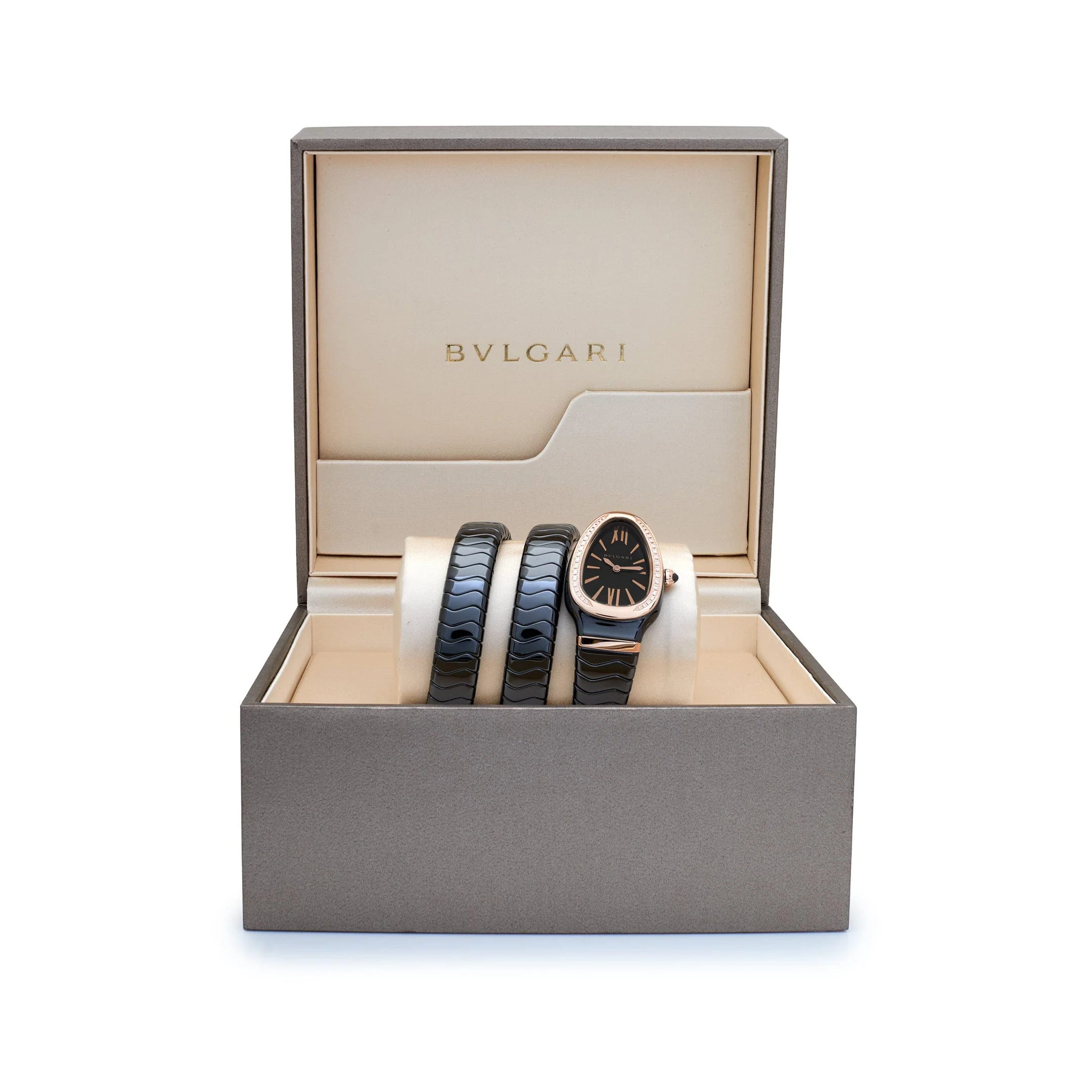 Bvlgari Serpenti Spiga Watch 102885 Black Ceramic and Rose Gold Black Lacquered Polished Dial Diamond Bezel (2025)
