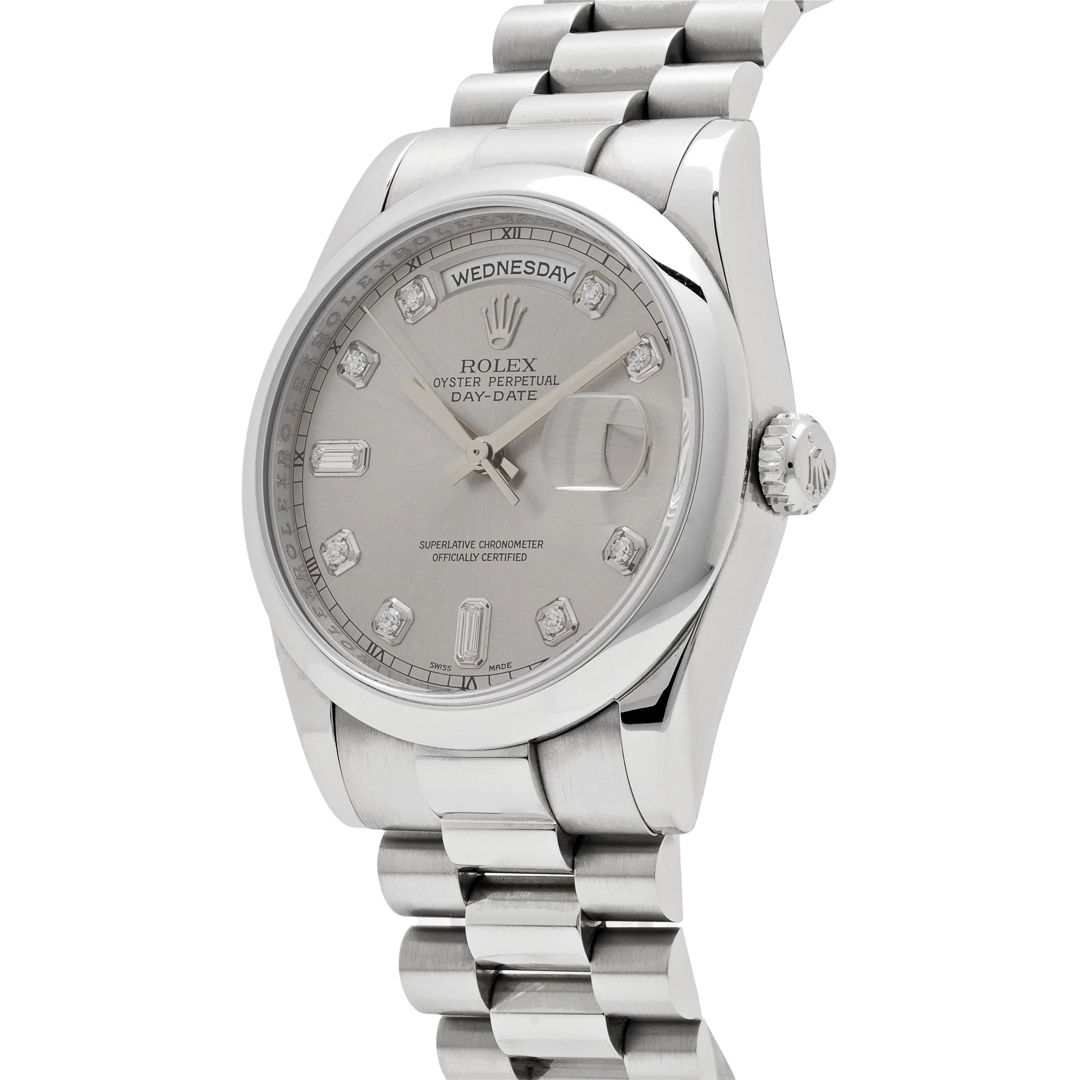 Rolex Day-Date ⁠36 118206 Platinum Silver Diamond Dial
