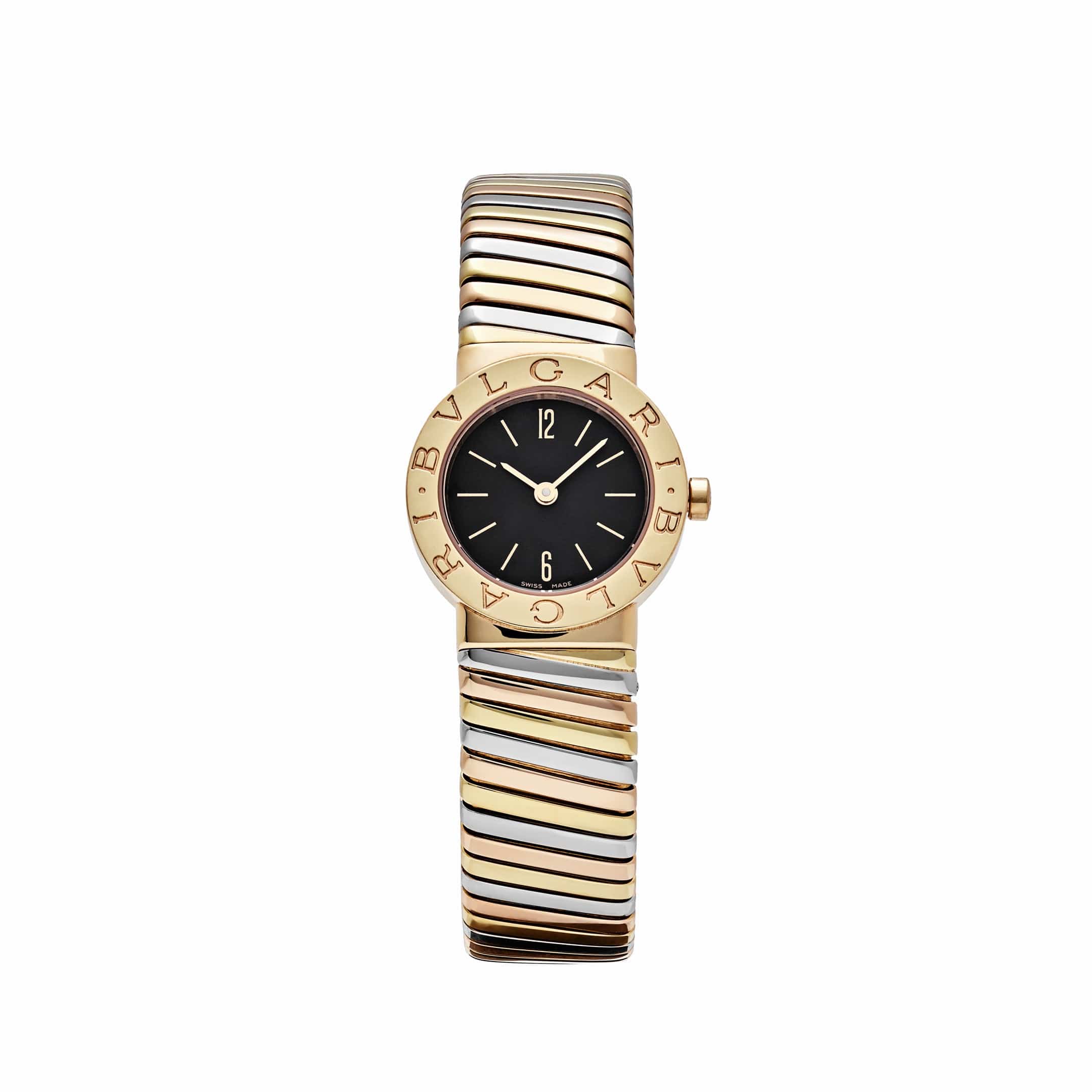 BVLGARI Tubogas BB232T 1 Row Tri Color Black Dial Quartz