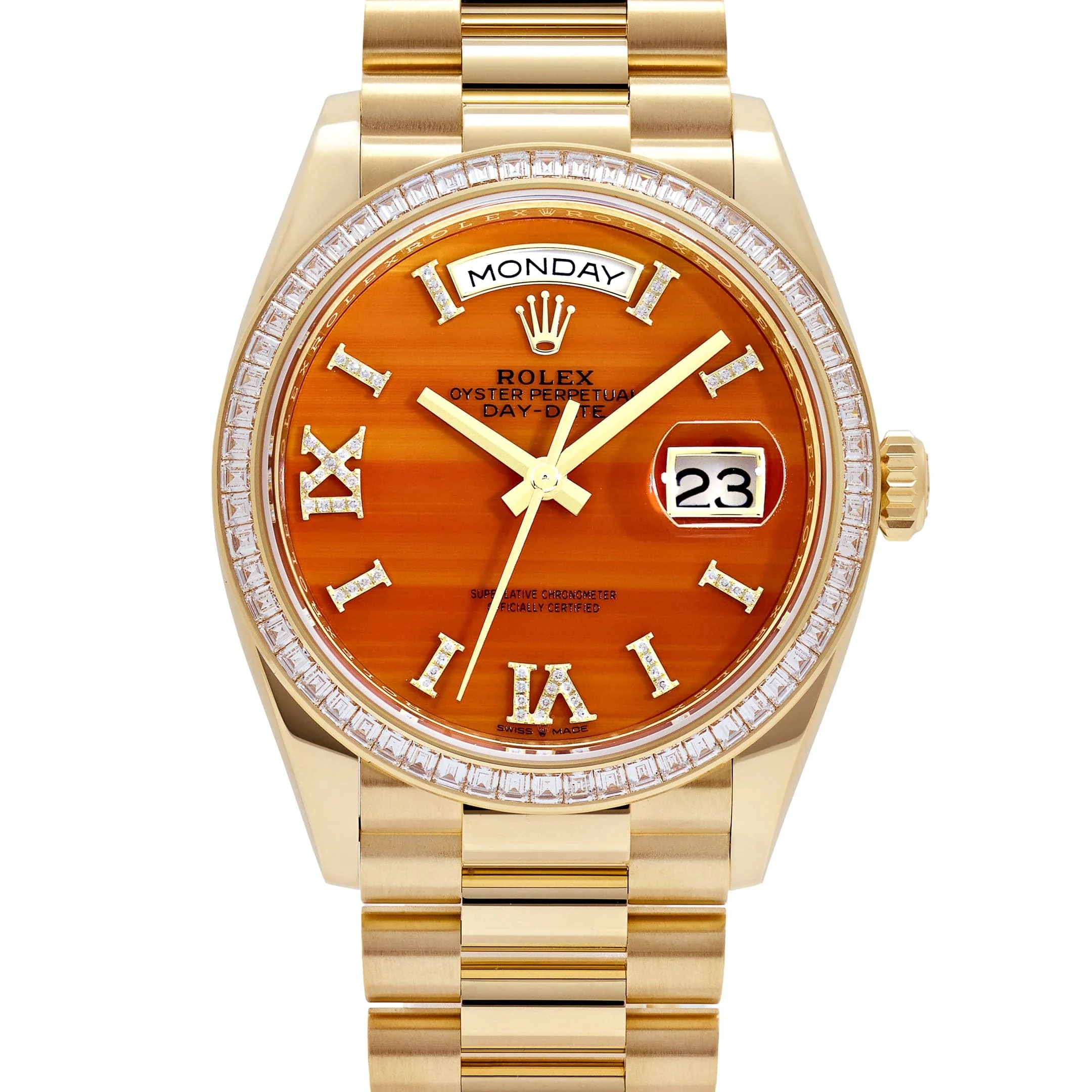 Rolex Day-Date 36 128398TBR Yellow Gold Carnelian Diamond Roman Numerals Dial Diamond Bezel