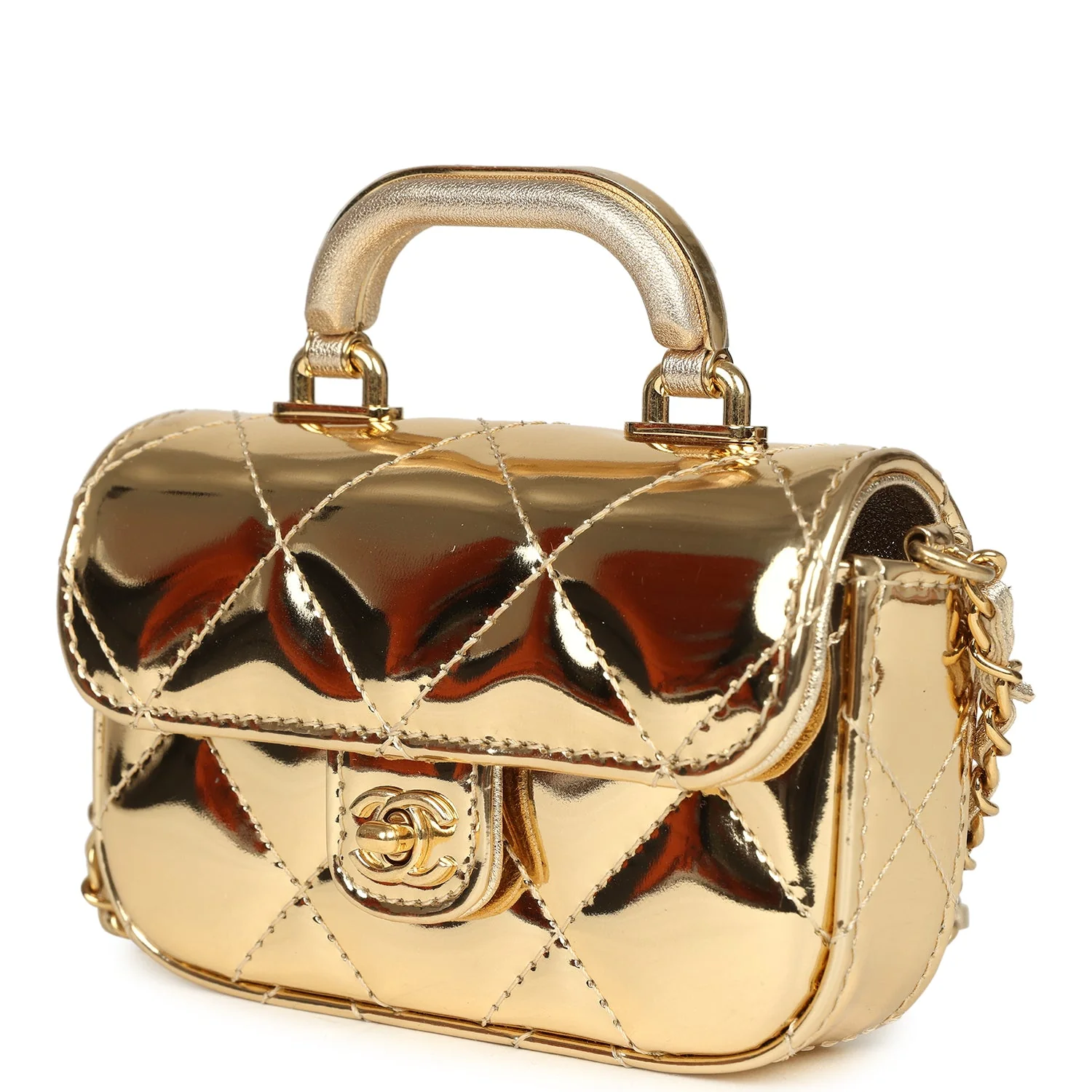Chanel Micro Top Handle Flap Bag with Chain Light Gold Mirror Calfskin Gold Hardware