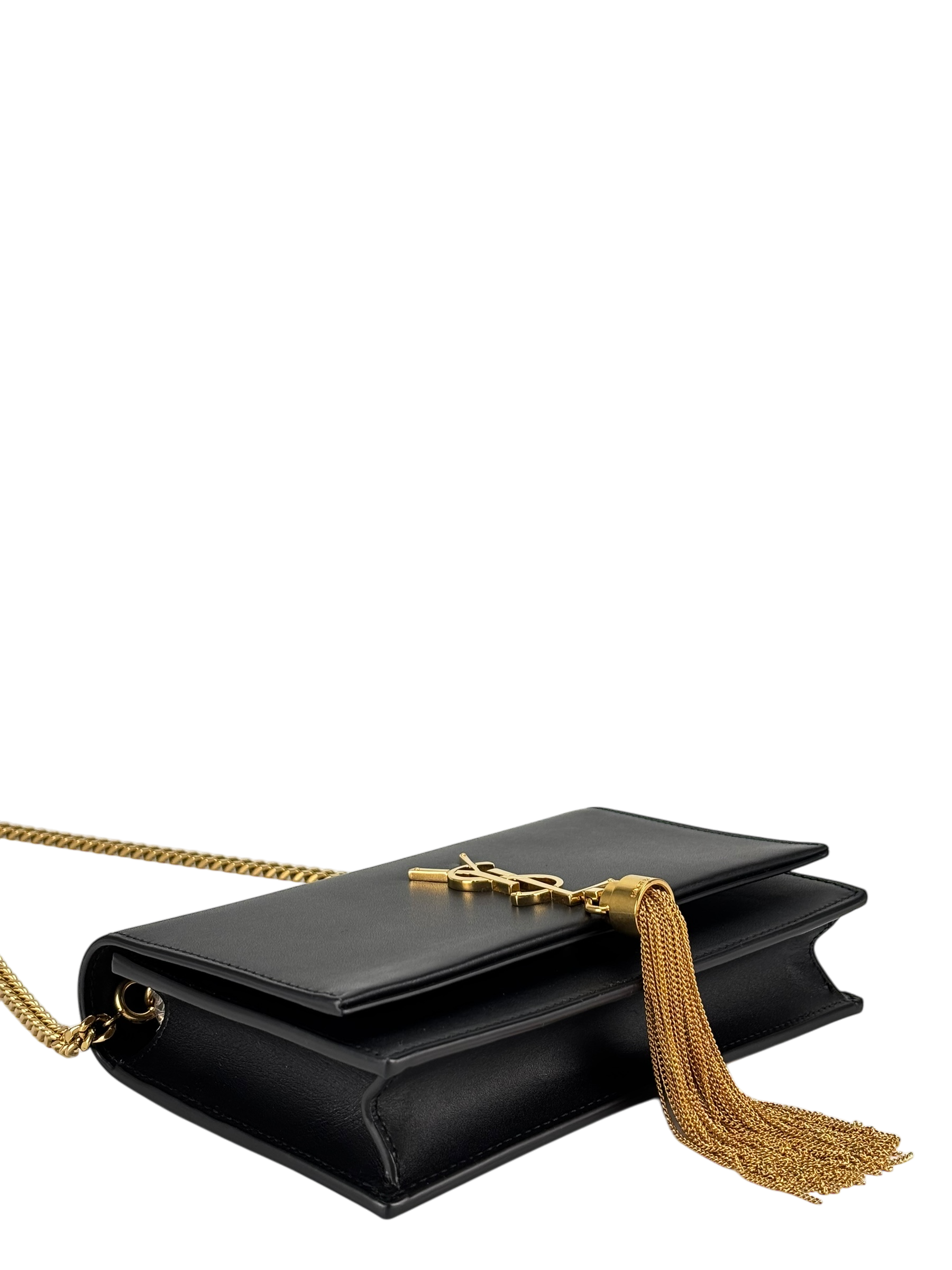 SAINT LAURENT - Black Calfskin Smooth Classic Kate Tassel Chain Wallet Crossbody Bag