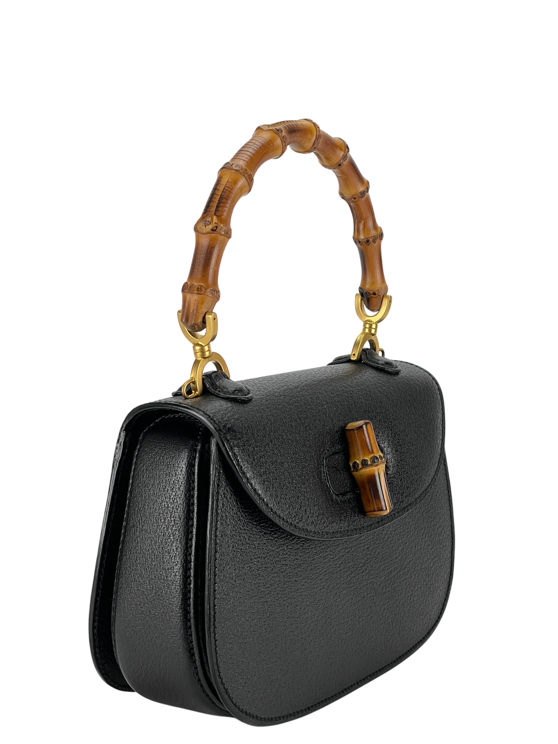 GUCCI - Black 2way Smalll Leather Bamboo Handbag
