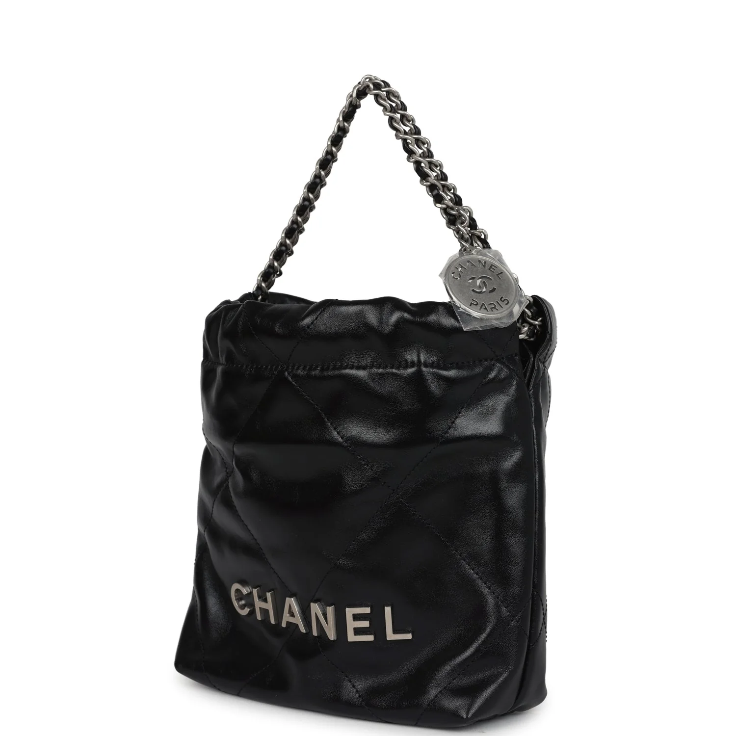Chanel Mini 22 Bag Black Shiny Calfskin Brushed Silver Hardware