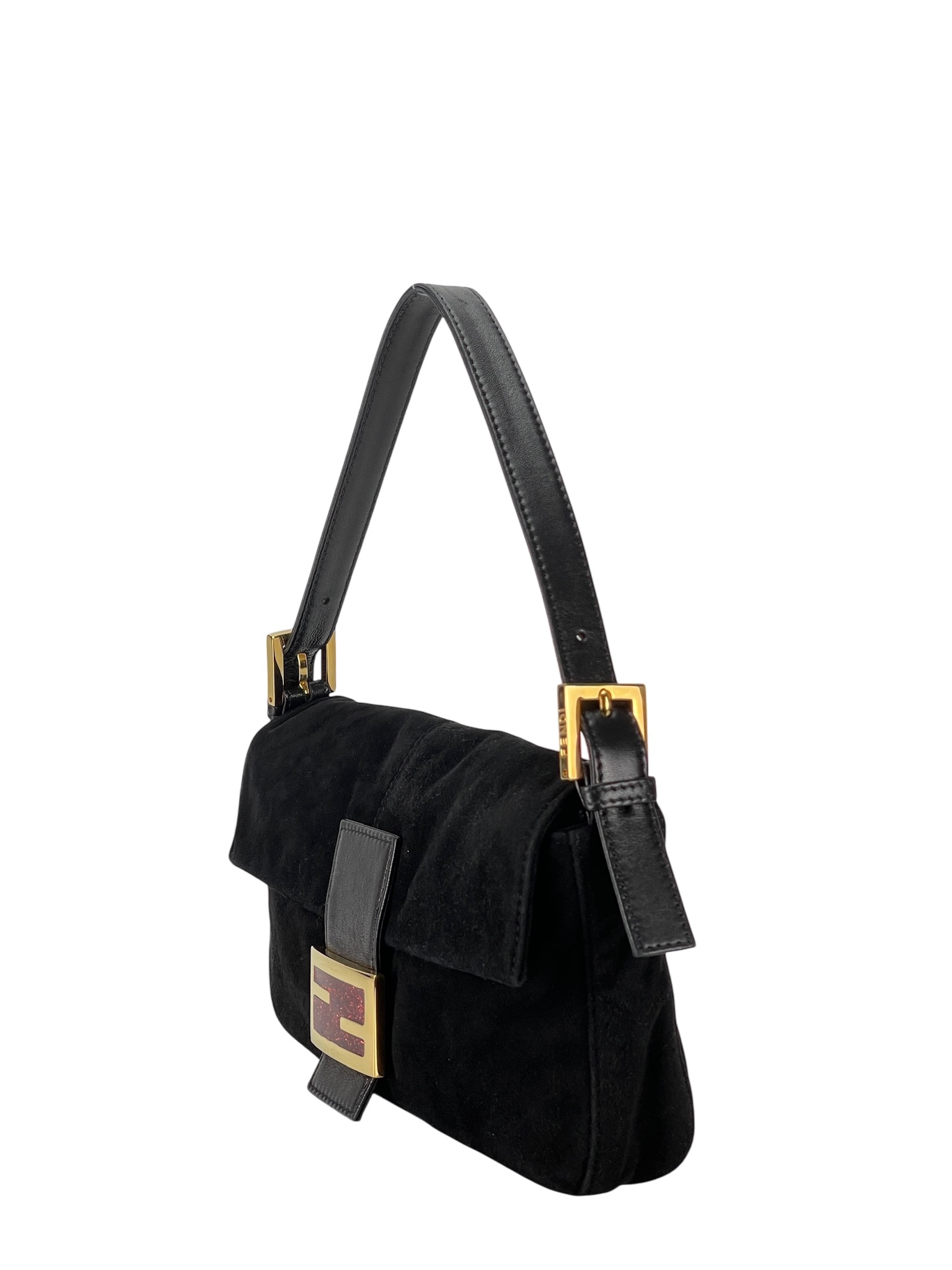 FENDI - Black Suede Baguette Handbag Gold Hardware