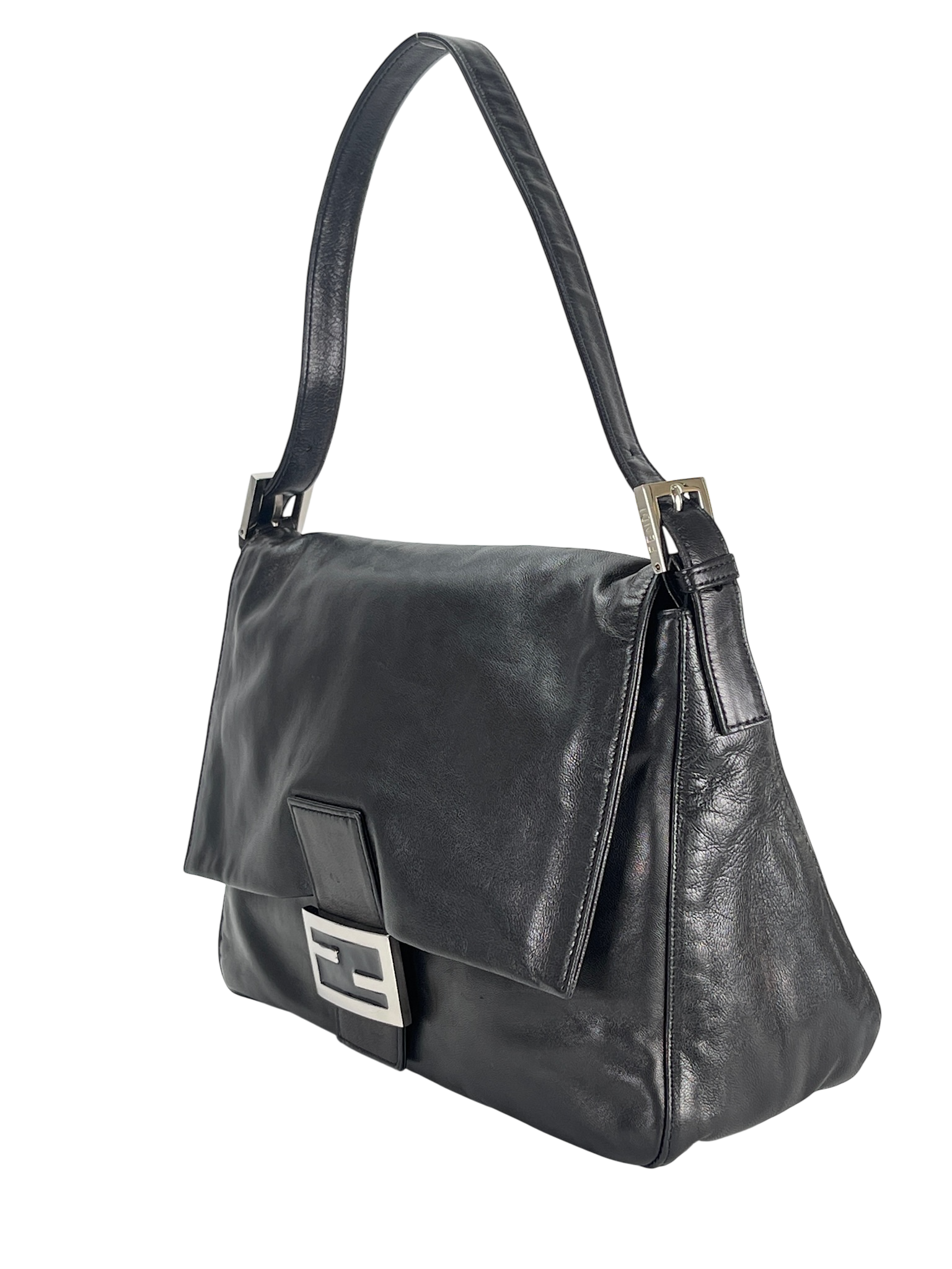 FENDI - Black Leather Zucca Mamma Baguette Handbag Silver Hardware