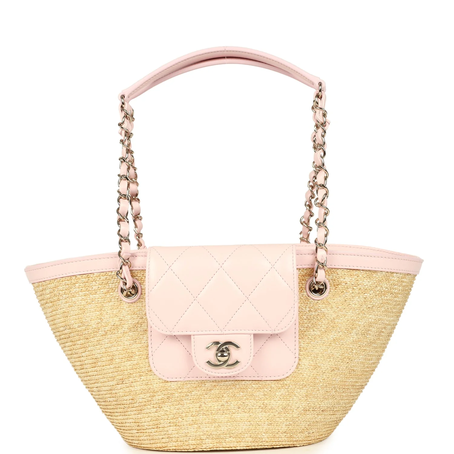 Chanel Small Shopping Tote Bag Beige Raffia and Light Pink Lambskin Light Gold Hardware