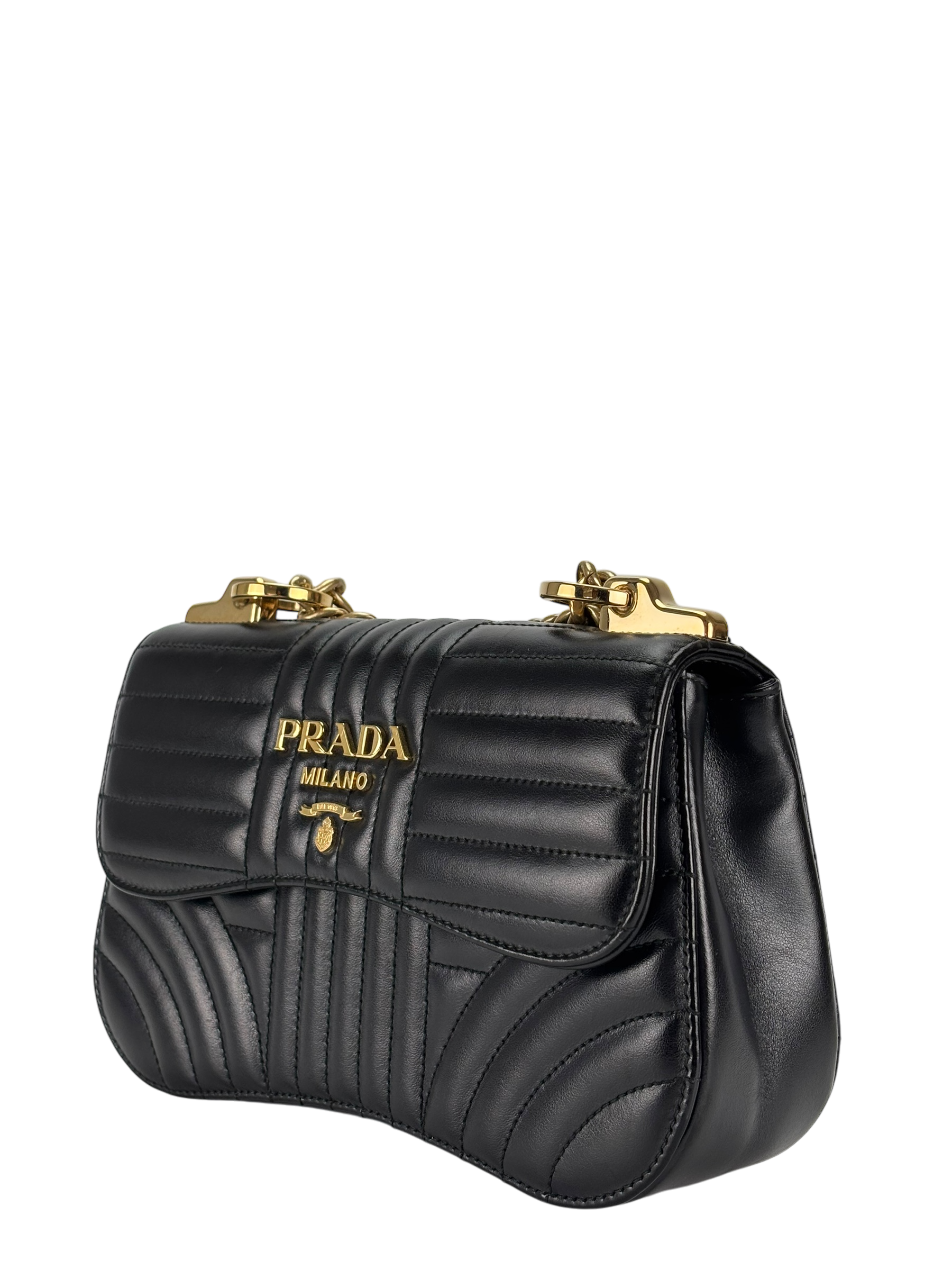 PRADA - Black Calfskin Soft Diagramme Crossbody Bag