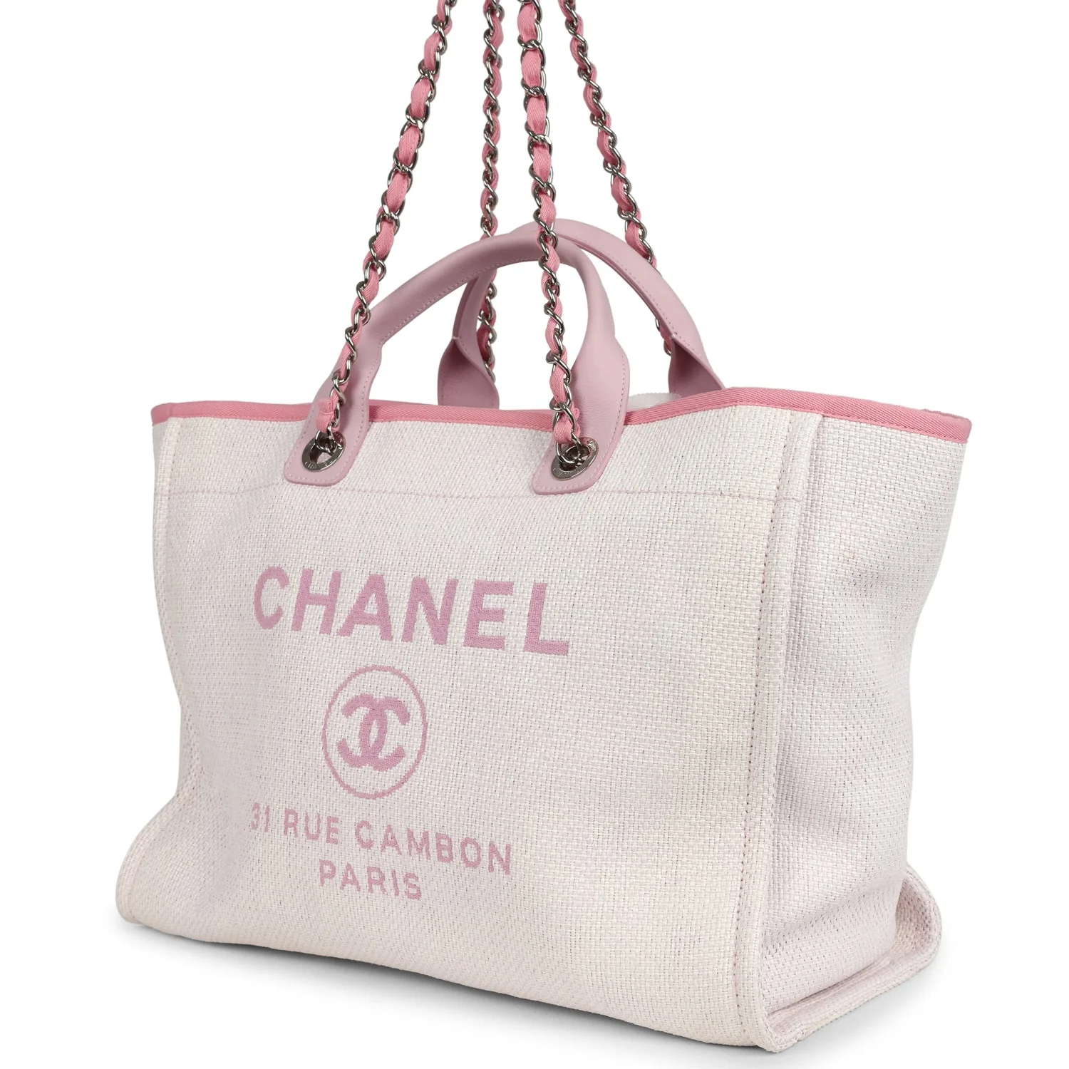 Pre-owned Chanel Medium Deauville Shopping Tote Light Pink Raffia and Canvas Silver Hardware