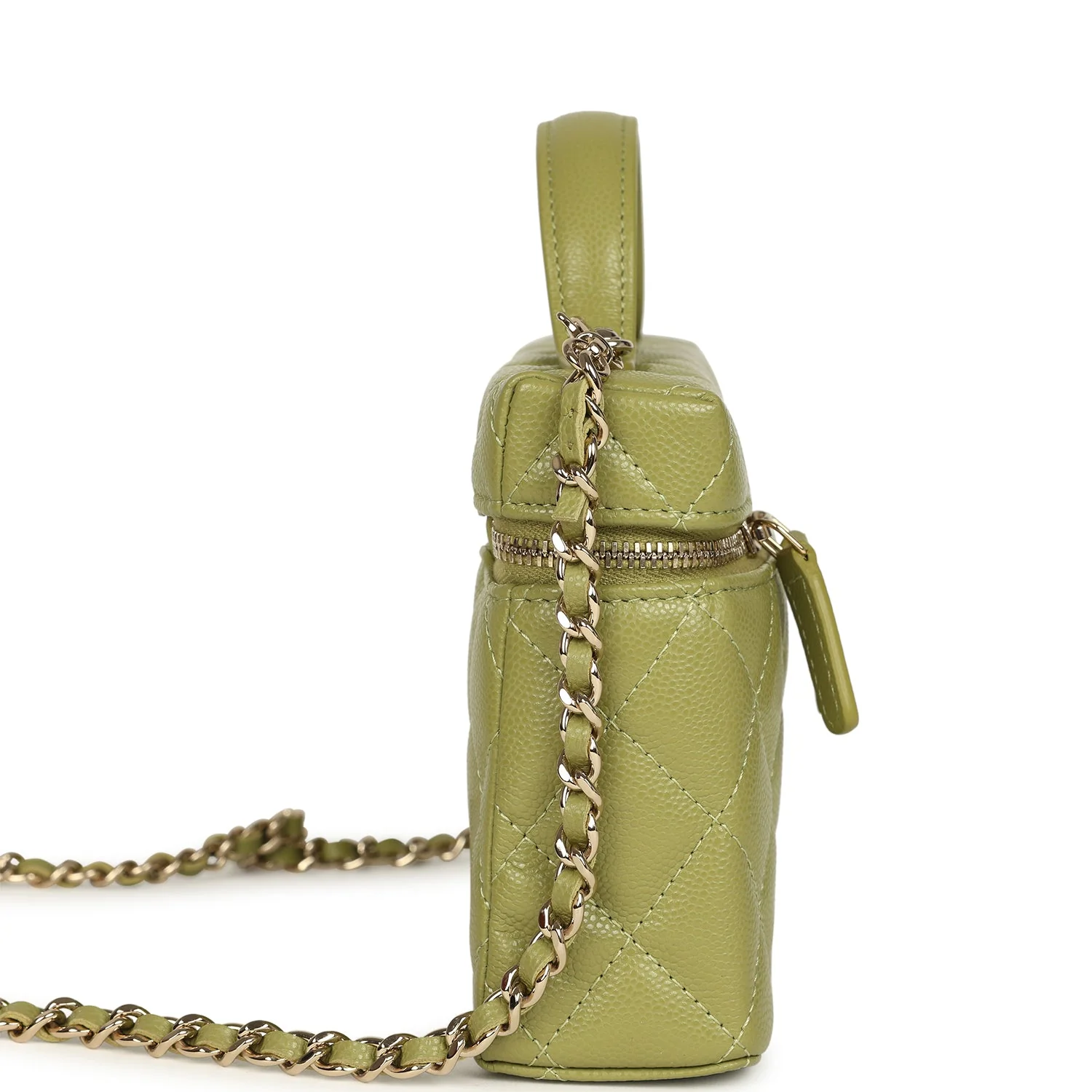 Chanel Top Handle Long Vanity Case with Chain Khaki Shiny Caviar Light Gold Hardware