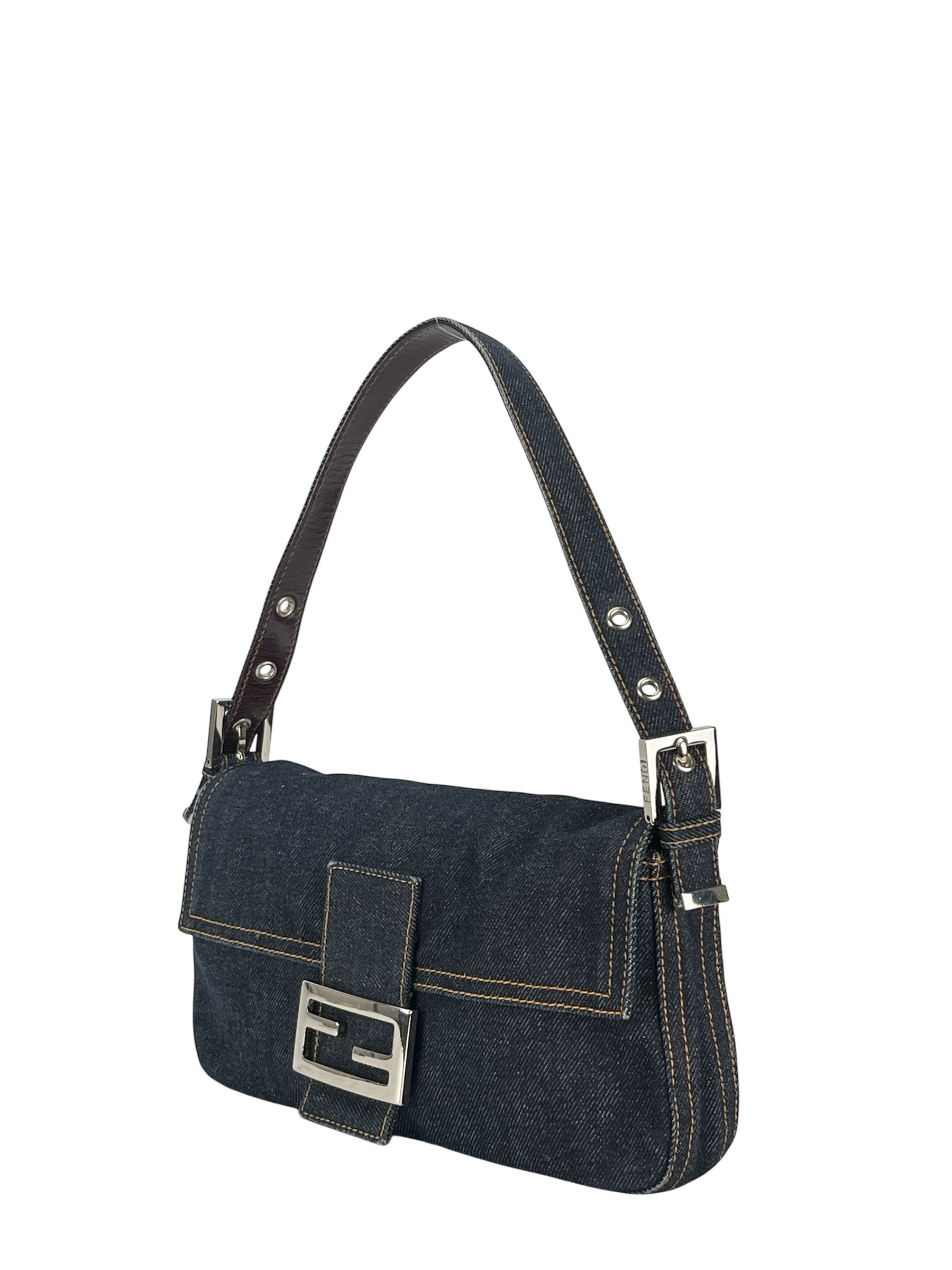 FENDI - Small Mamma Baguette Bag Denim Navy Sliver Hardware