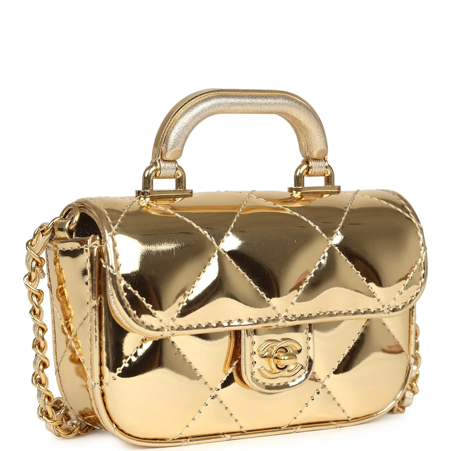 Chanel Micro Top Handle Flap Bag with Chain Light Gold Mirror Calfskin Gold Hardware