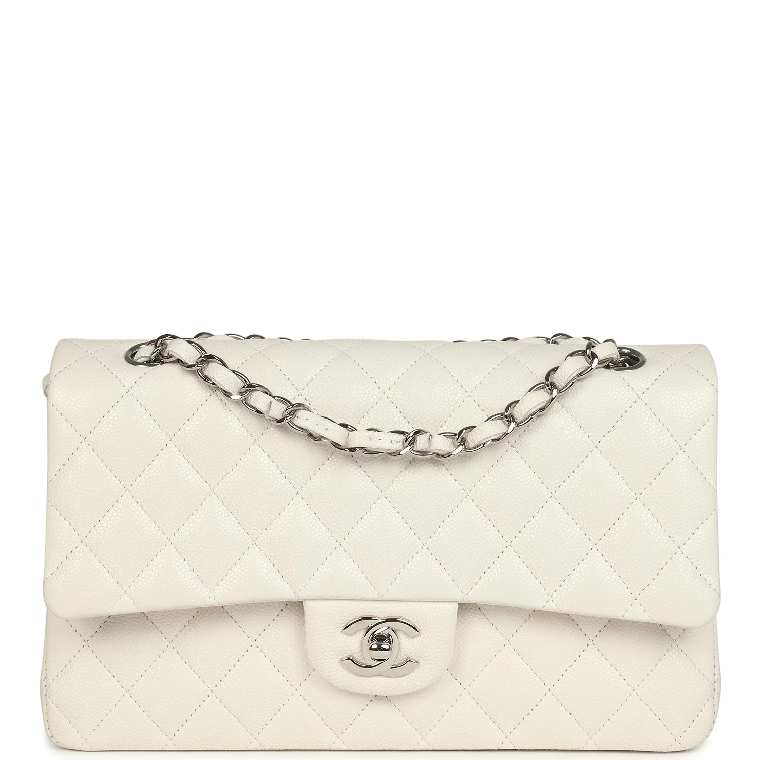 Pre-owned Chanel Medium Classic Double Flap White Shiny Caviar Silver Hardware