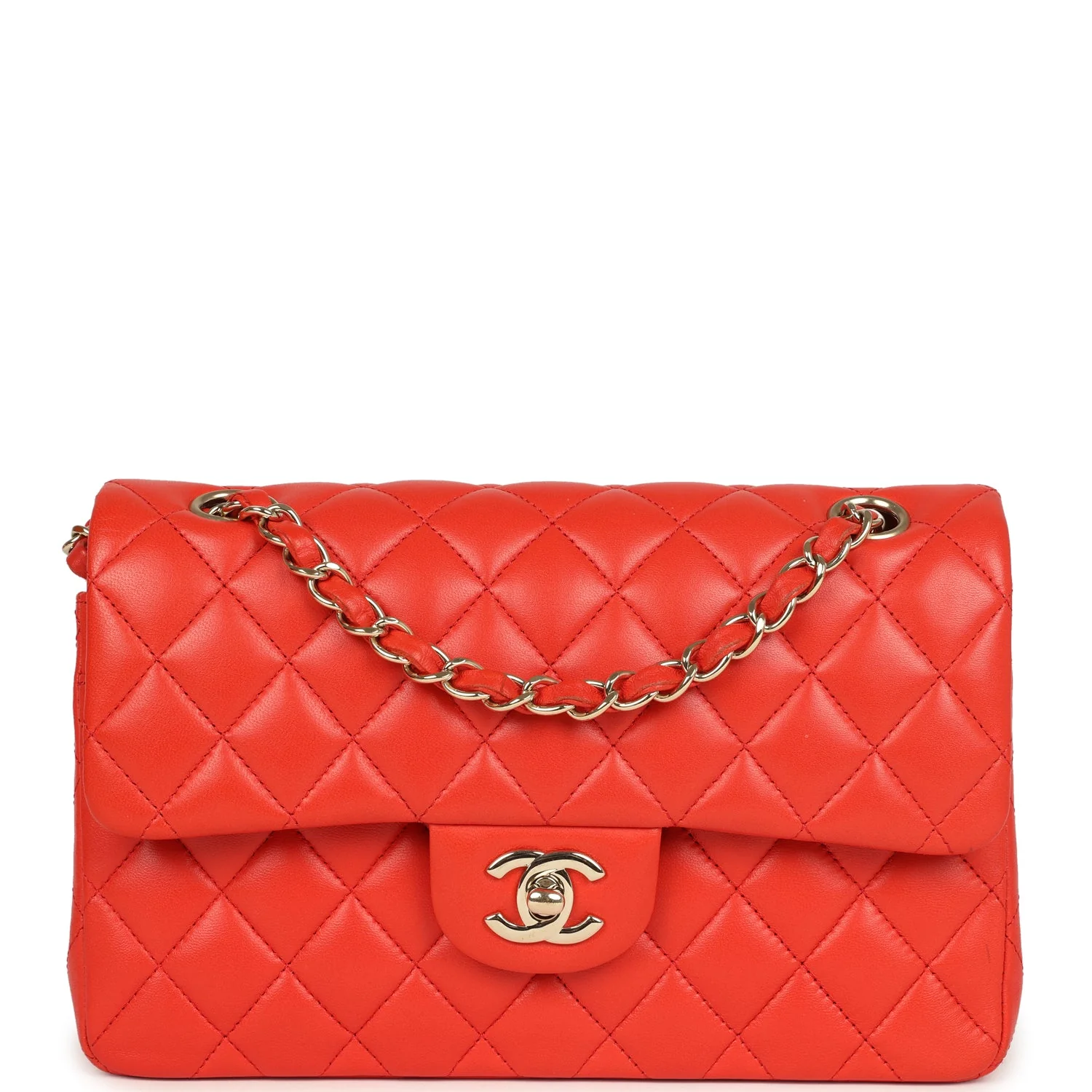 Pre-owned Chanel Small Classic Double Flap Bag Red Lambskin Light Gold Hardware