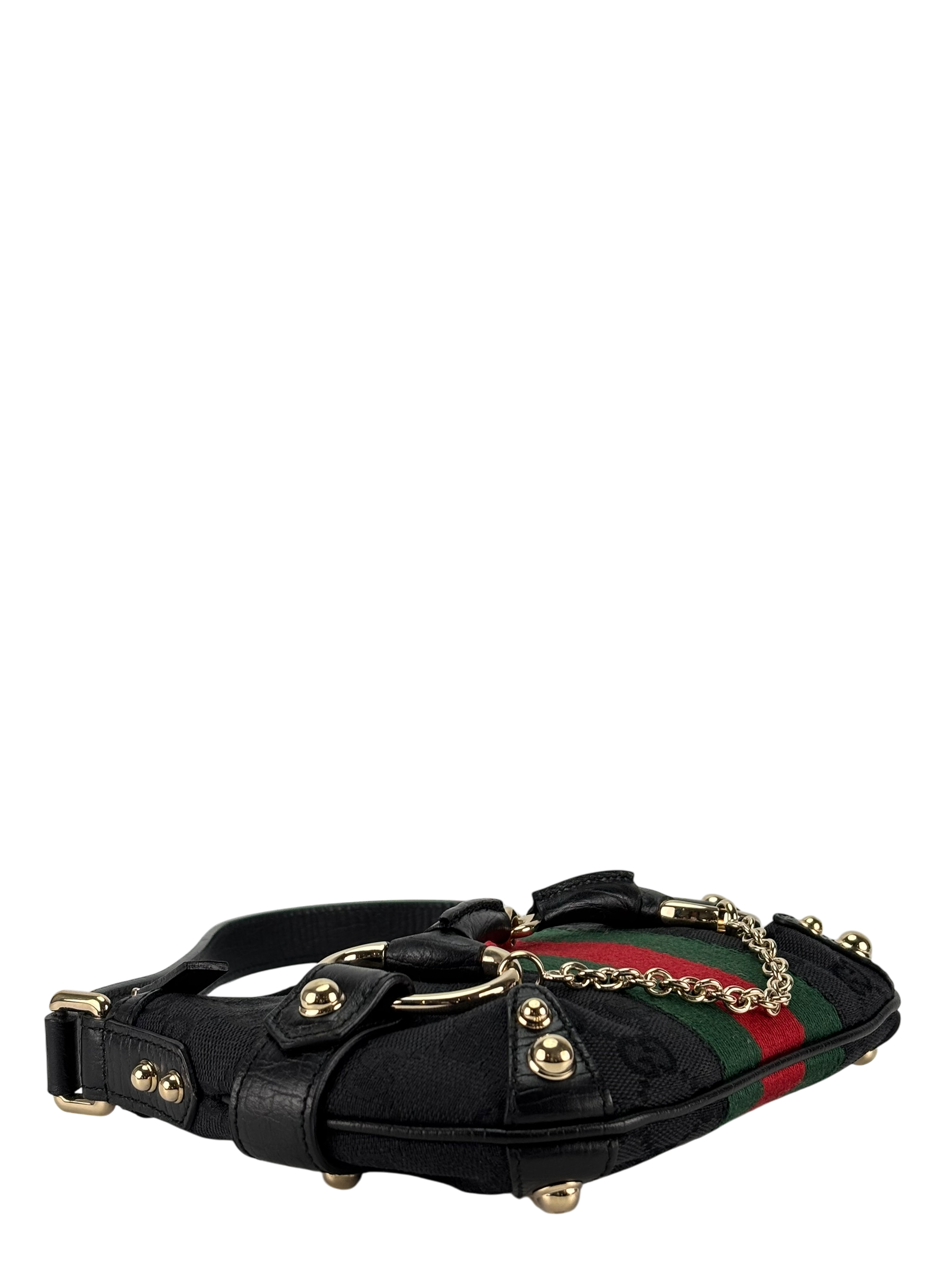 GUCCI - Black GG Monogram Small Horsebit Handbag