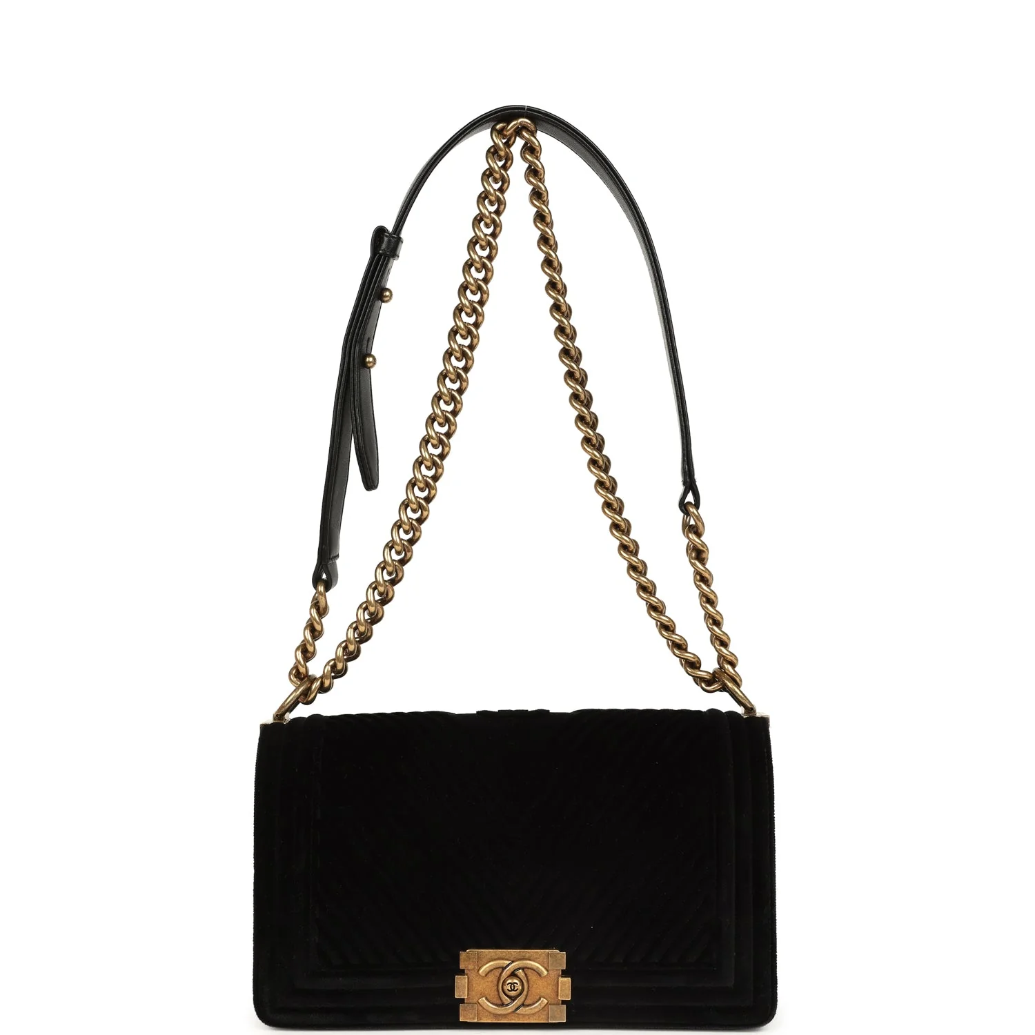 Pre-owned Chanel Medium Boy Bag Black Chevron Velvet Antique Gold Hardware