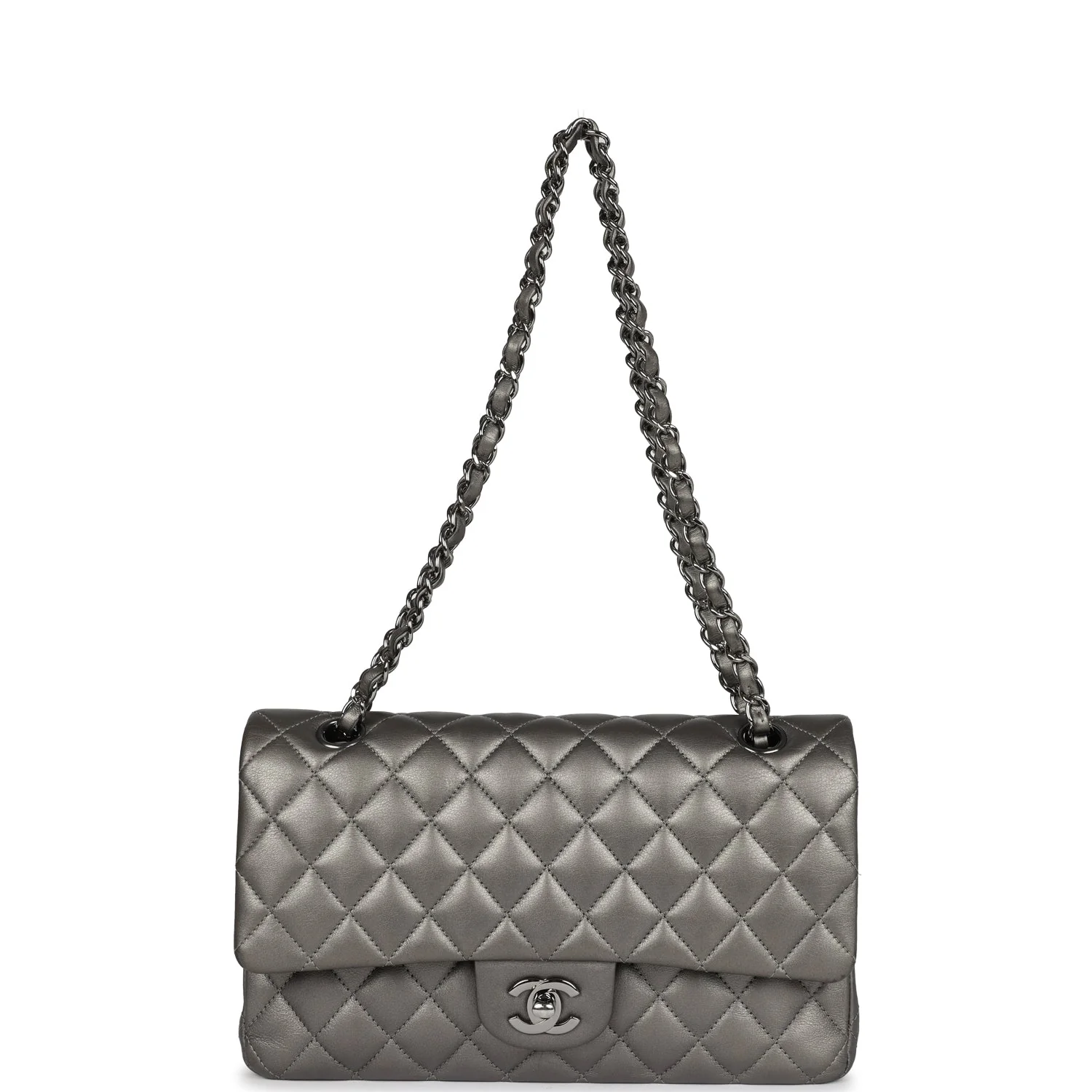Pre-owned Chanel Medium Classic Double Flap Bag Metallic Grey Lambskin Silver Hardware