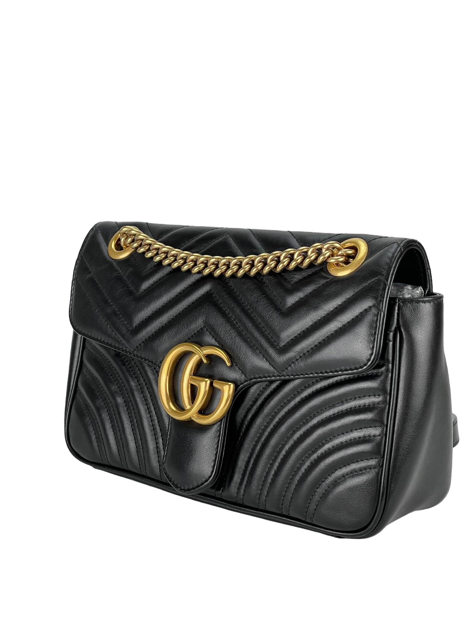 GUCCI - Black GG Marmont Medium Shoulder Bag Gold Hardware