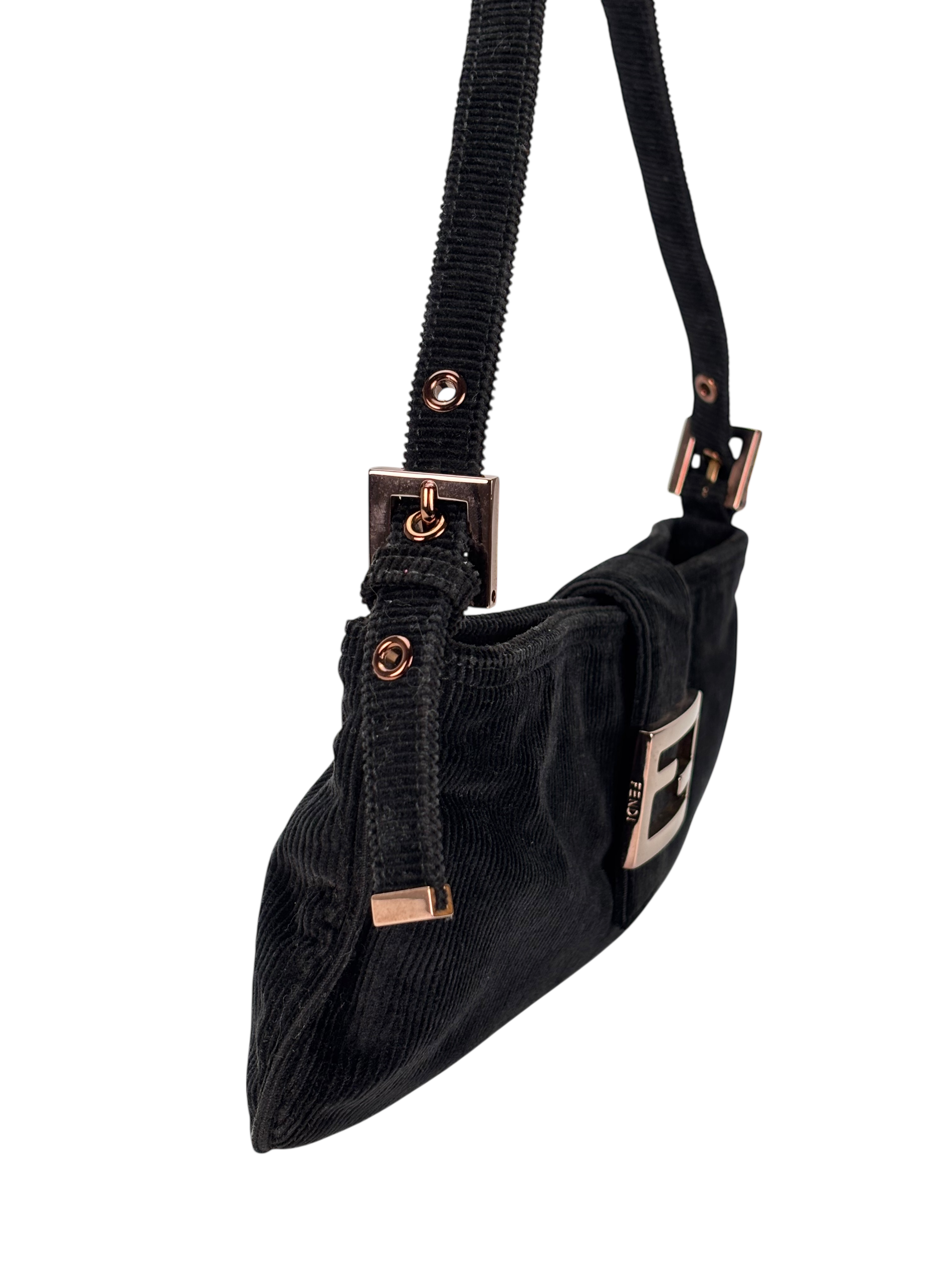 FENDI - Black Mamma Bucket Corduroy Shoulder Bag Rose gold hardware