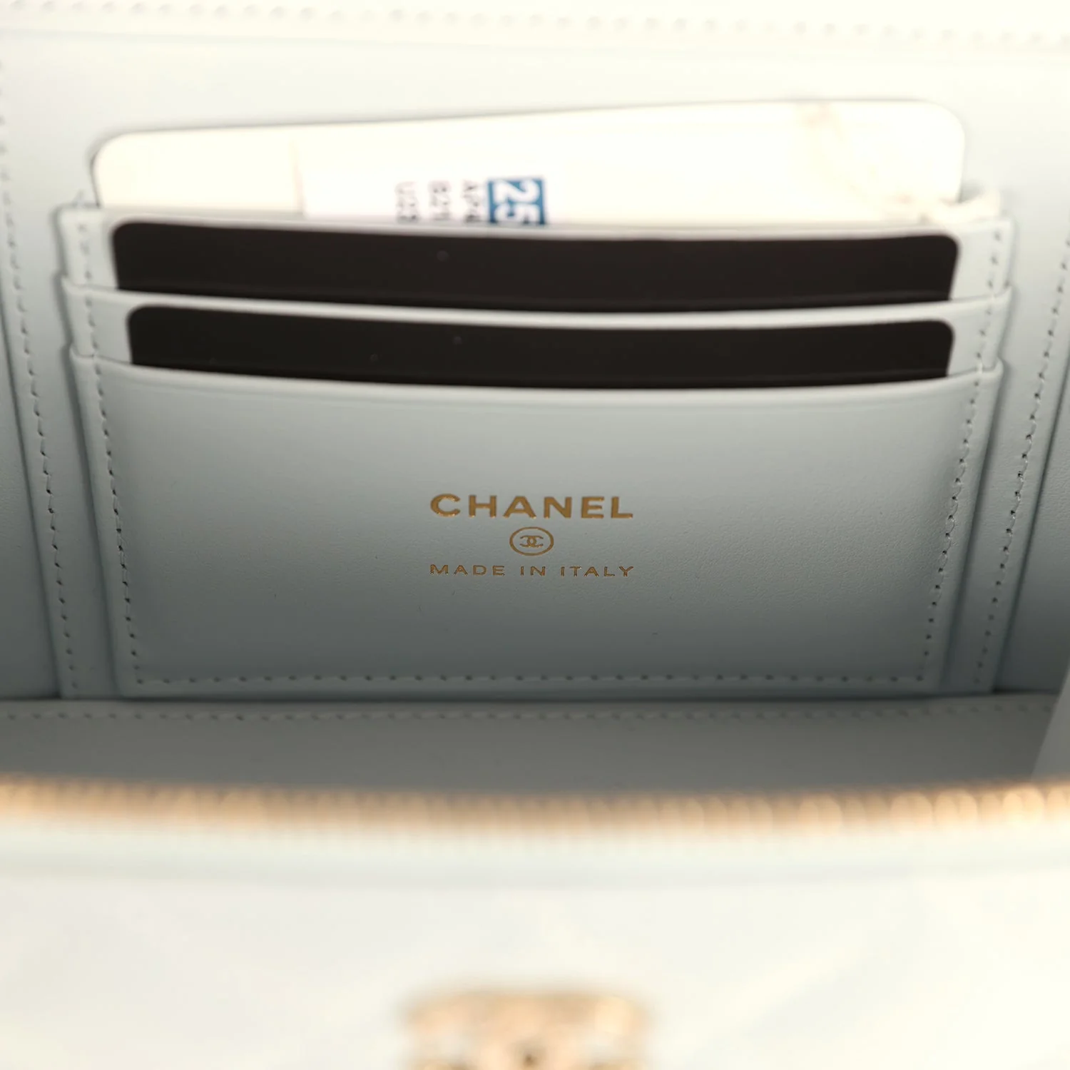 Chanel Small Rectangular Classic Vanity Case Light Blue Shiny Caviar Light Gold Hardware
