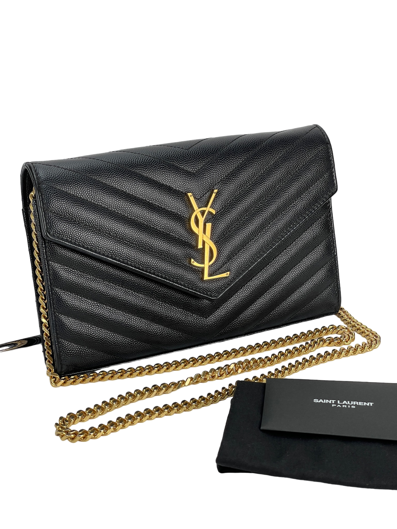 SAINT LAURENT - Grain De Poudre Matelasse Chevron Monogram Chain Wallet