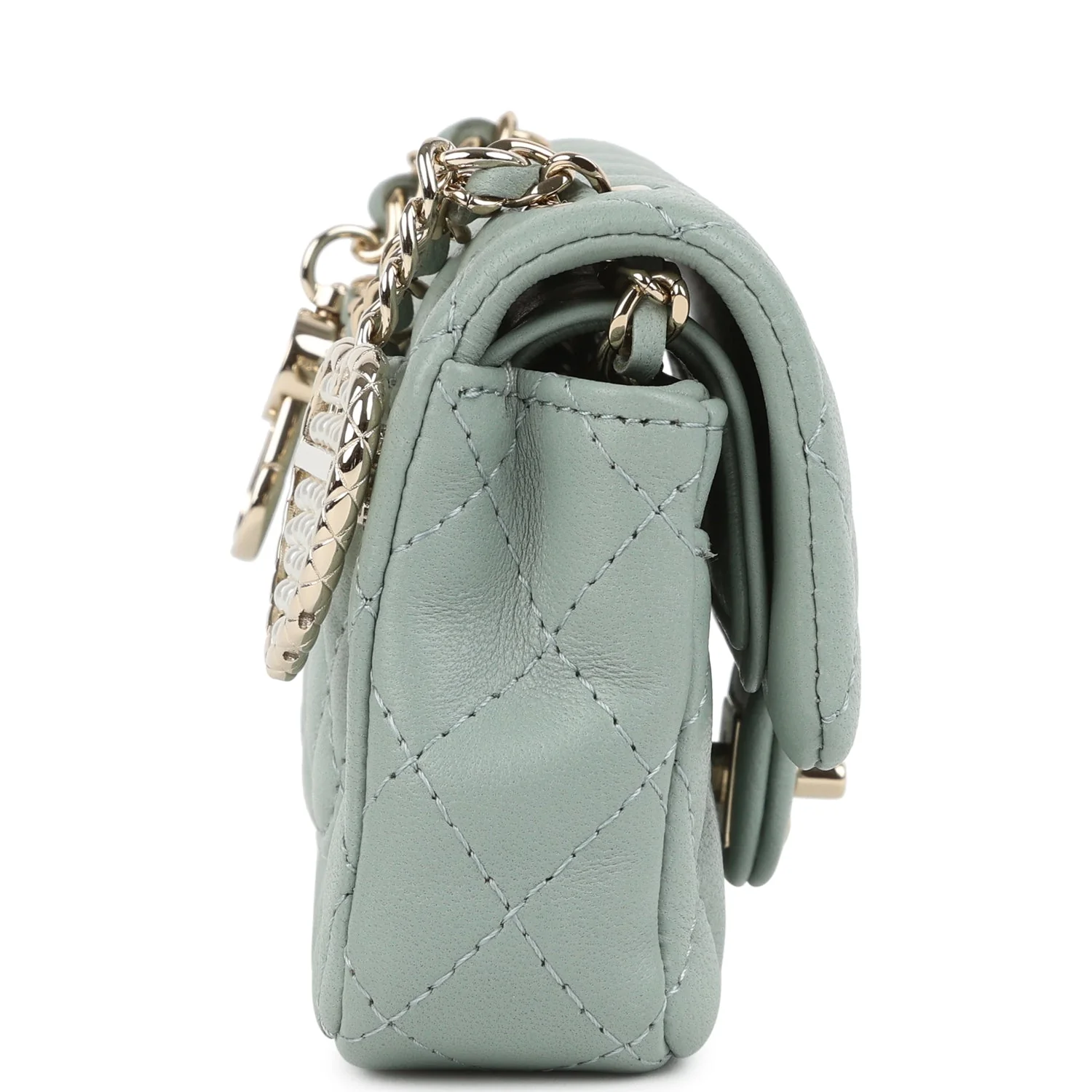 Chanel Nano Classic Double Flap Bag Charm Dark Green Lambskin Light Gold Hardware