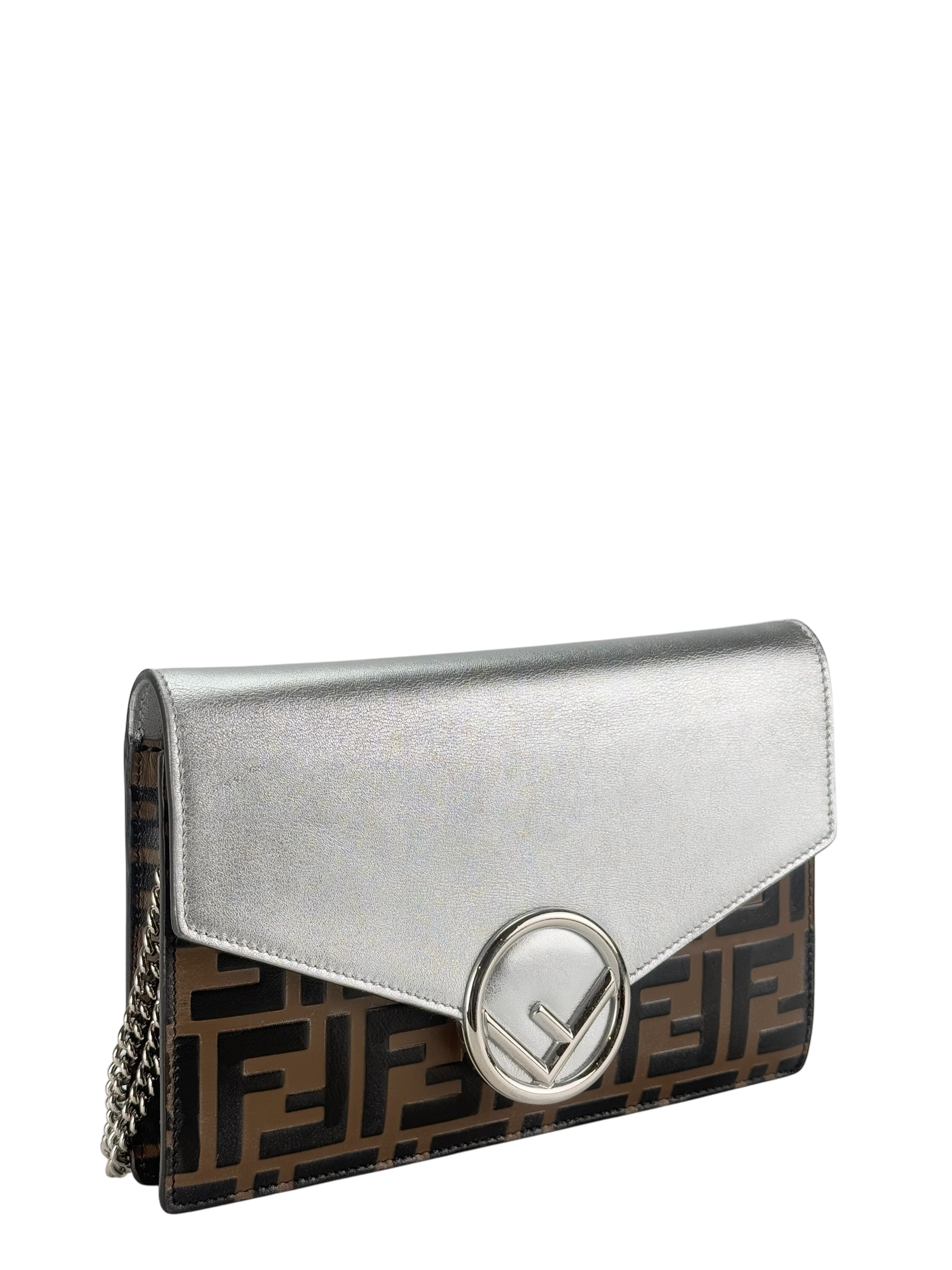FENDI - Sliver FF Wallet On Chain leather Canvas handbag