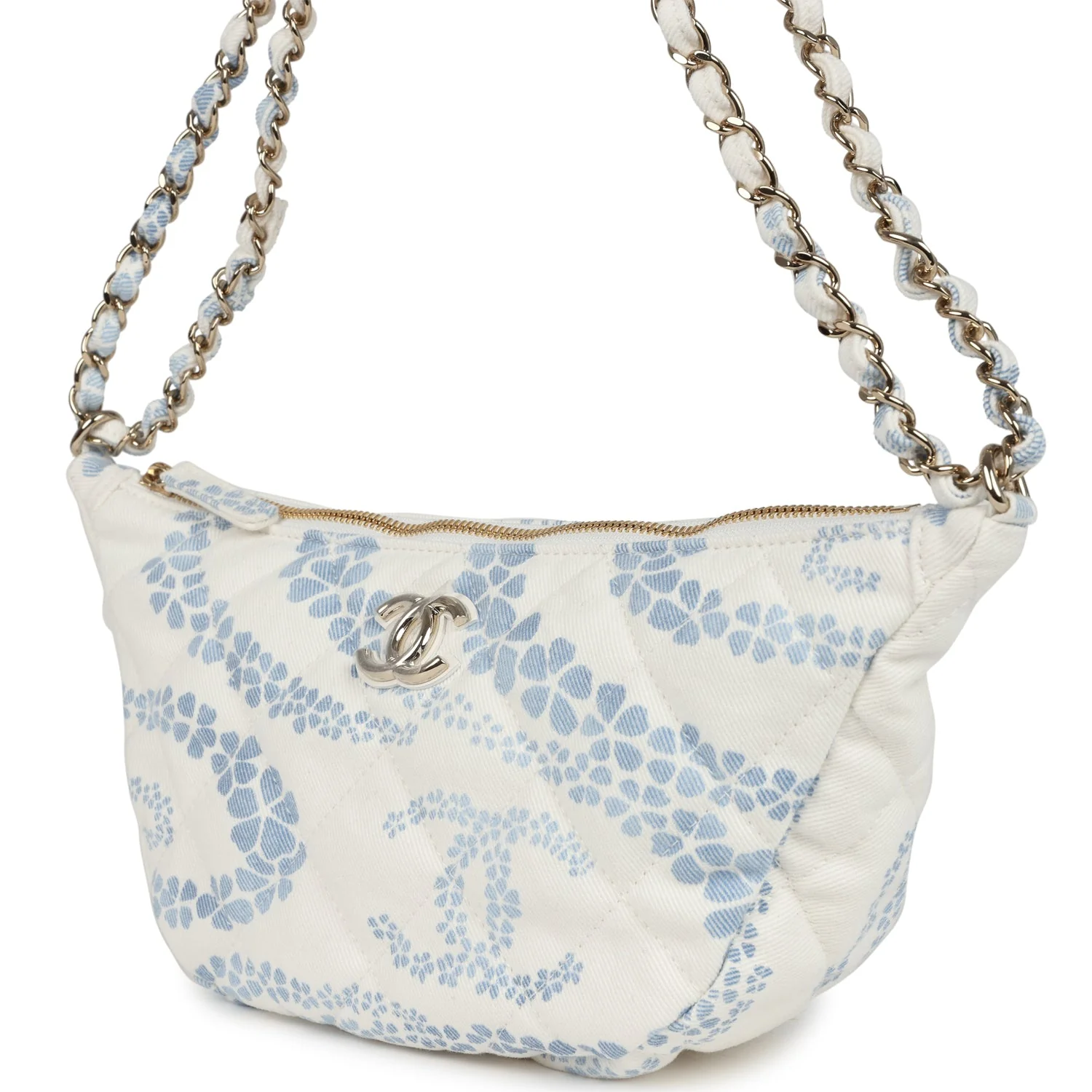 Chanel Large Coco Beach Hobo Bag in White and Blue Denim Light Gold Hardware