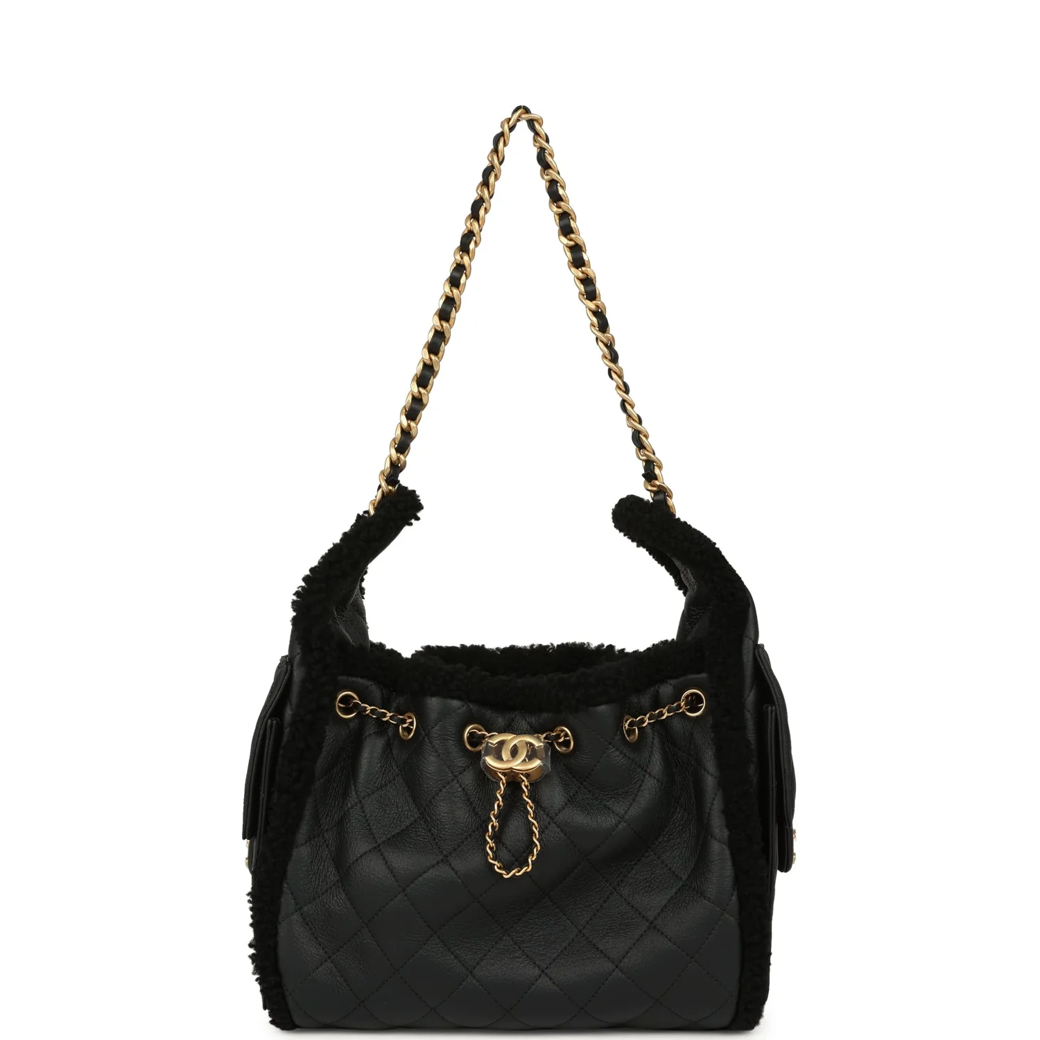 Chanel Small 25 Hobo Bag Black Crumpled Sheepskin and Shearling Antique Gold Hardware