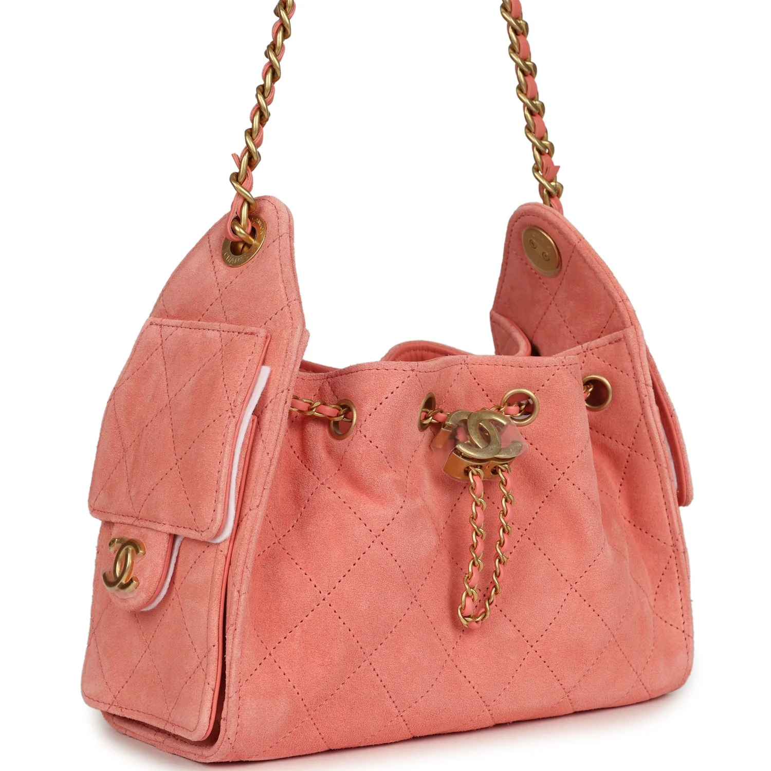 Chanel Mini 25 Hobo Bag Coral Pink Suede Antique Gold Hardware