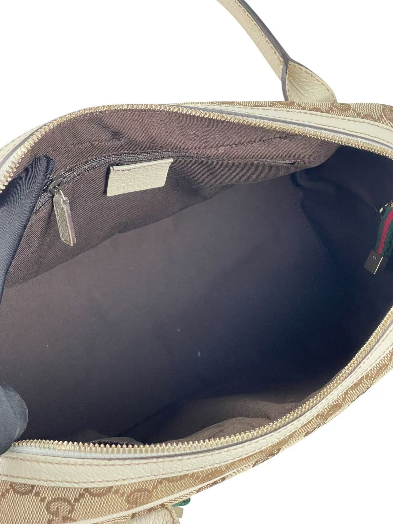 GUCCI - Monogram White Canvas Leather GG Mini Boston Bag