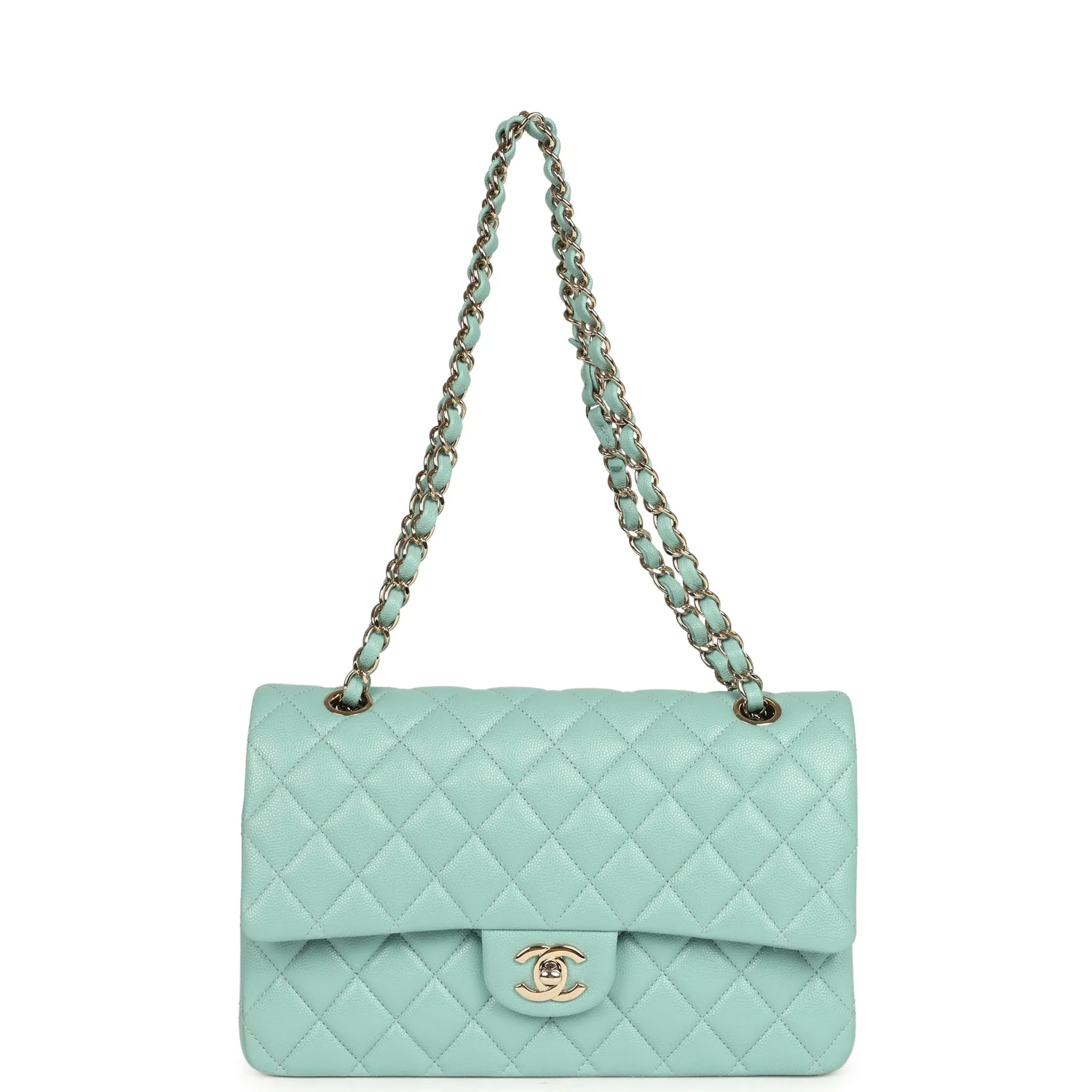 Pre-owned Chanel Medium Classic Double Flap Bag Light Blue Caviar Silver Hardware