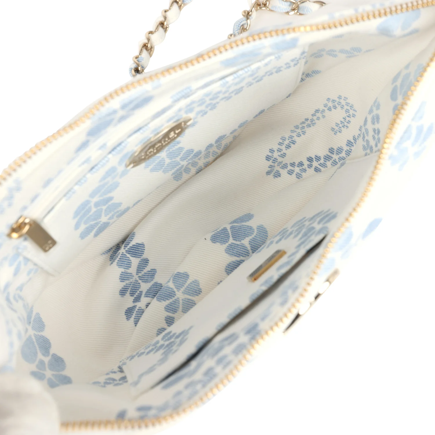 Chanel Large Coco Beach Hobo Bag in White and Blue Denim Light Gold Hardware