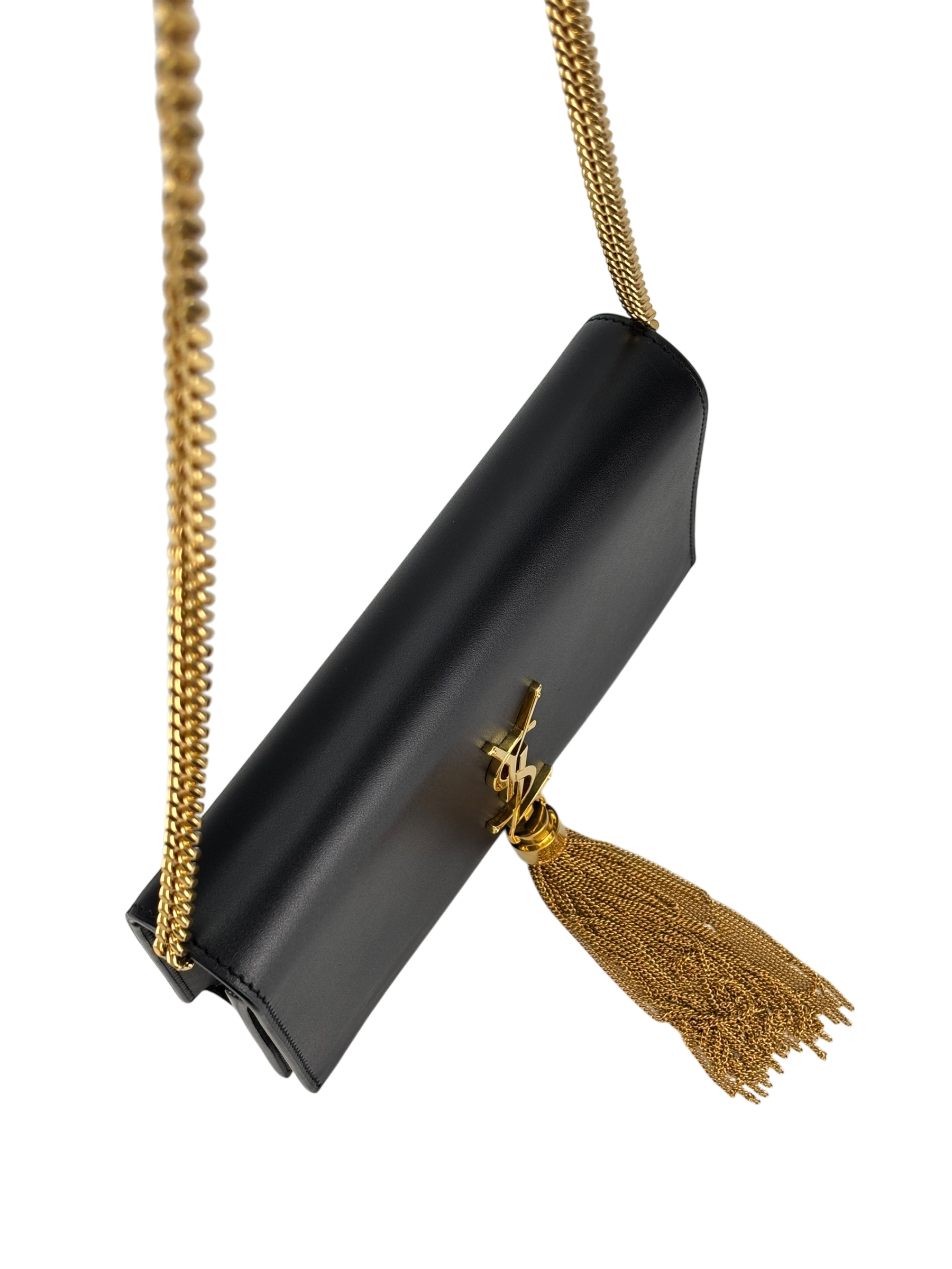 SAINT LAURENT - Black Calfskin Smooth Classic Kate Tassel Chain Wallet Crossbody Bag