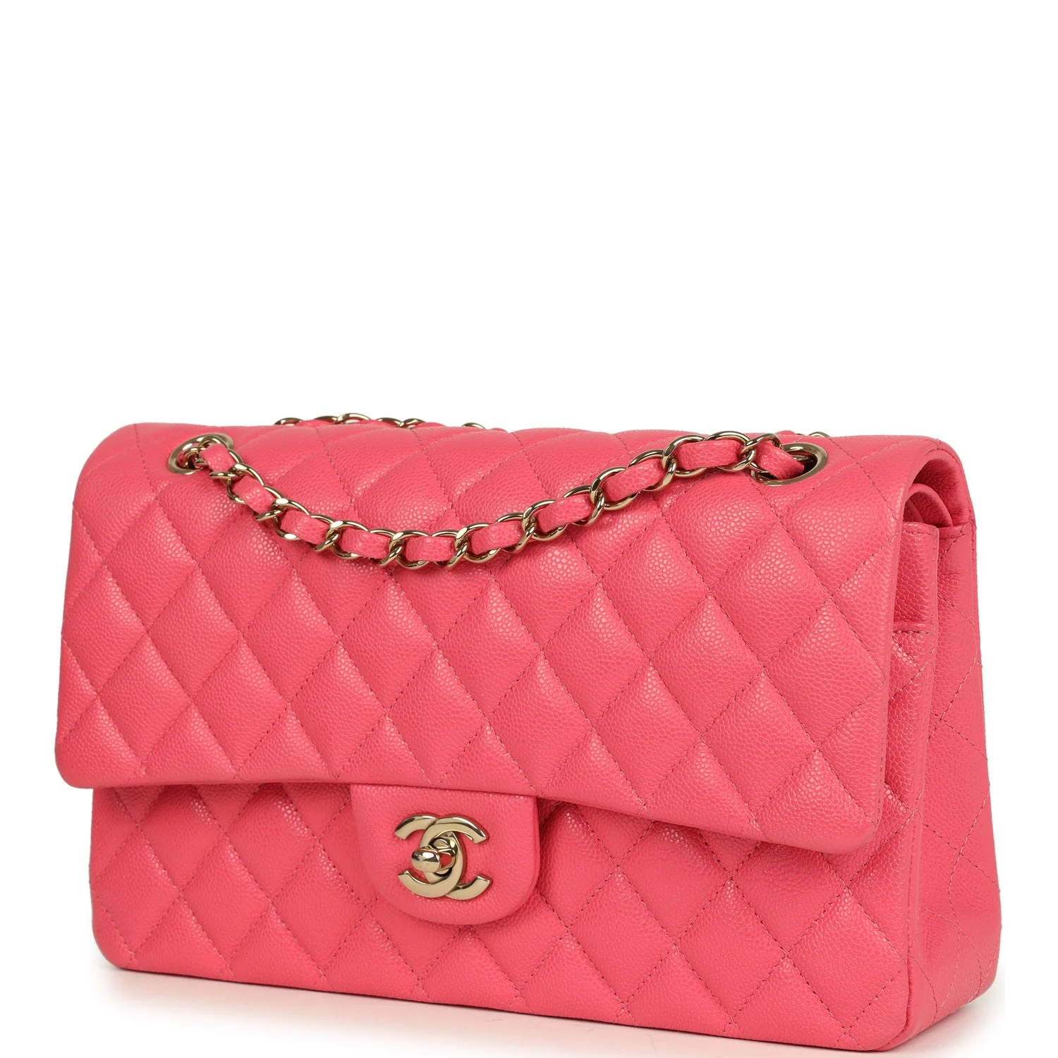 Pre-owned Chanel Medium Classic Double Flap Bag Dark Pink Shiny Caviar Gold Hardware
