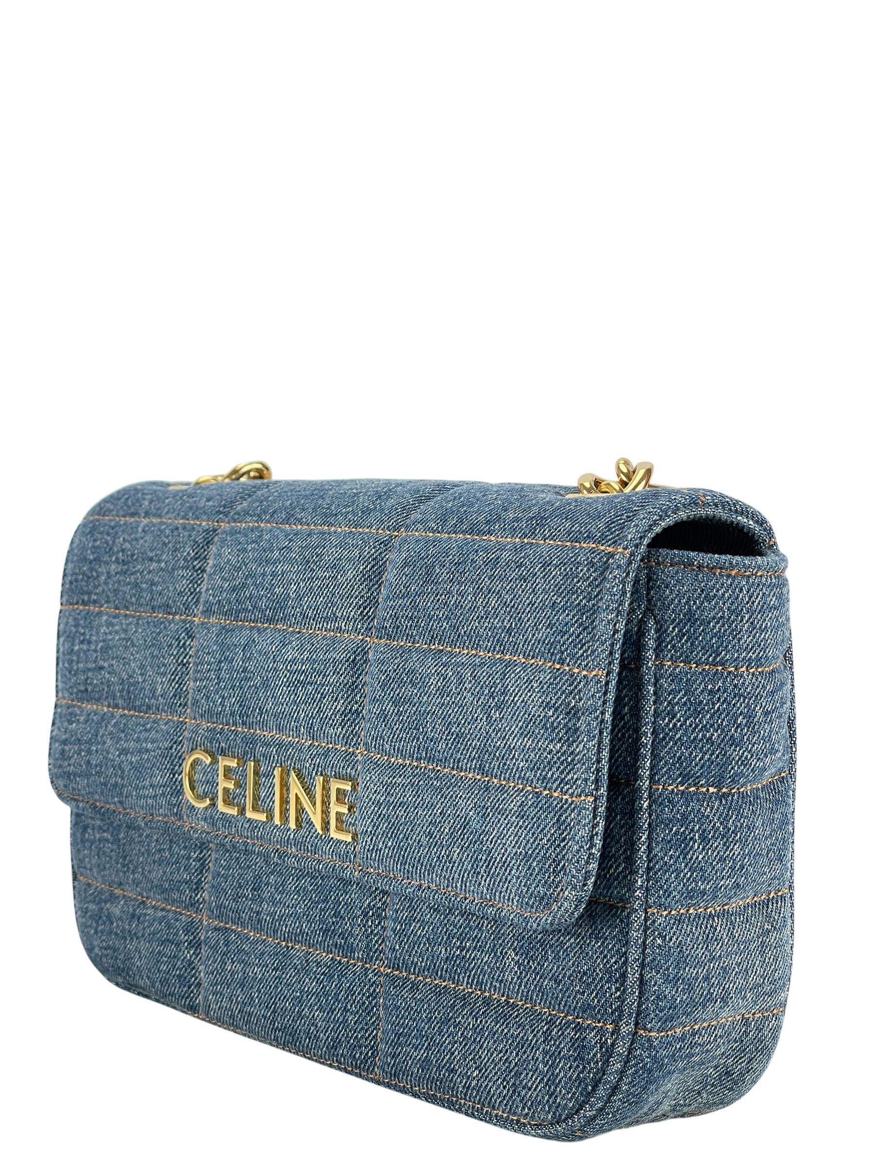 CELINE - Denim Matelasse Logo Shoulder Bag Gold Hardware