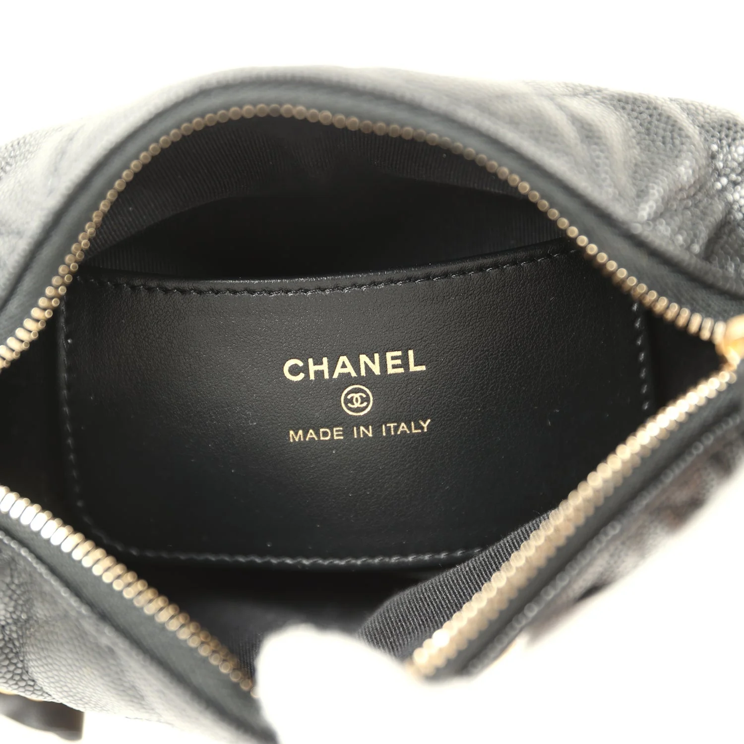 Chanel Mini Round Hobo Pouch Bag Black Shiny Caviar Mixed Metal Hardware