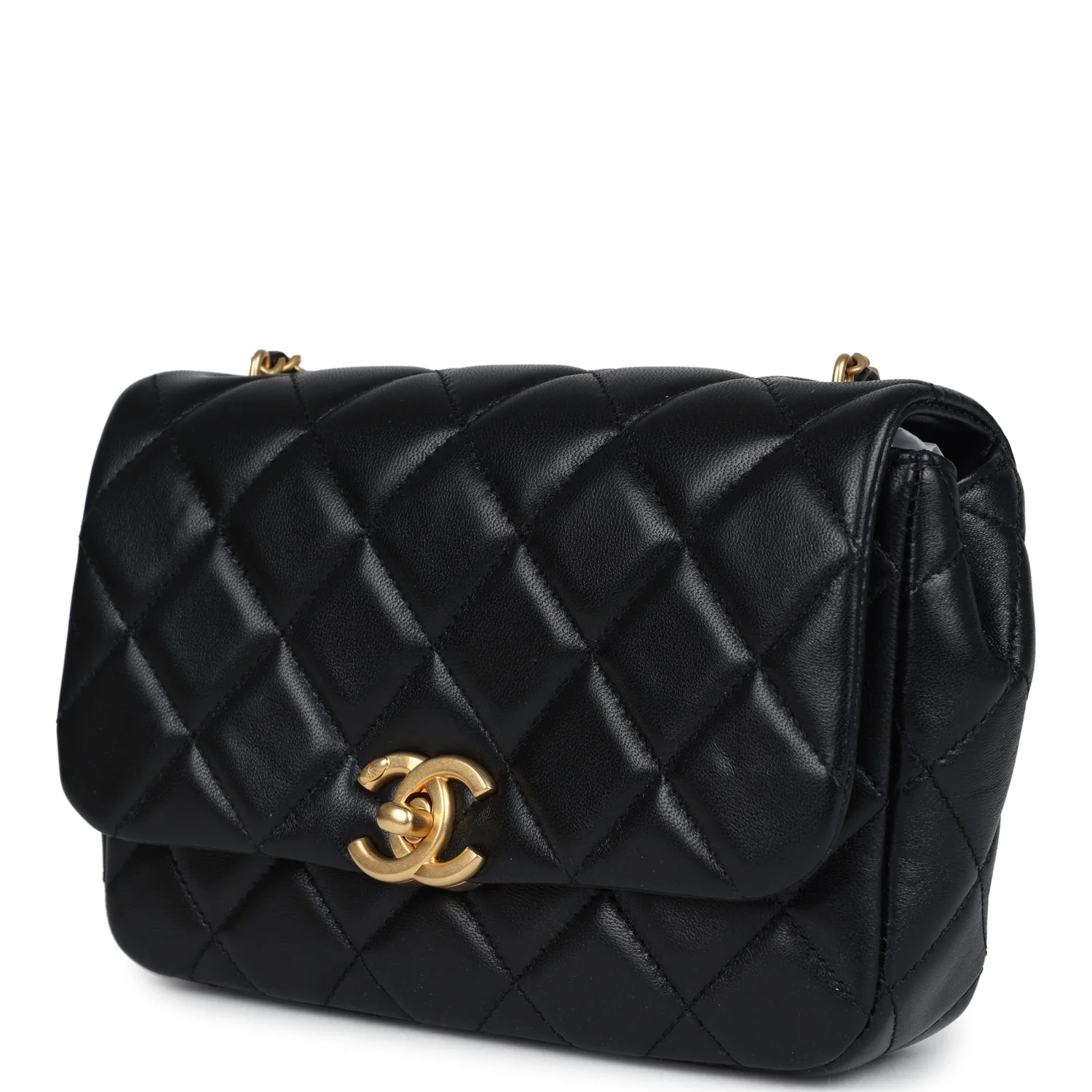 Chanel Mini Pearly Chain Flap Bag Black Lambskin Brushed Gold Hardware