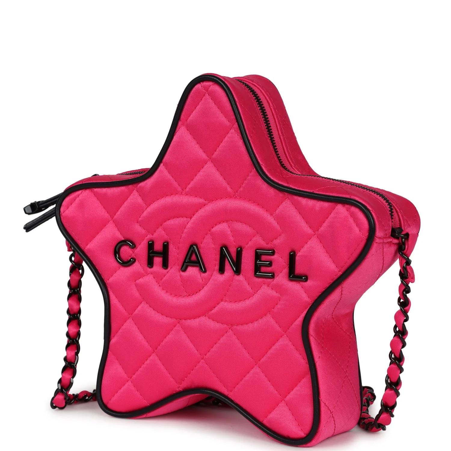Chanel CC Star Bag Fuchsia and Black Satin Black Metal Hardware