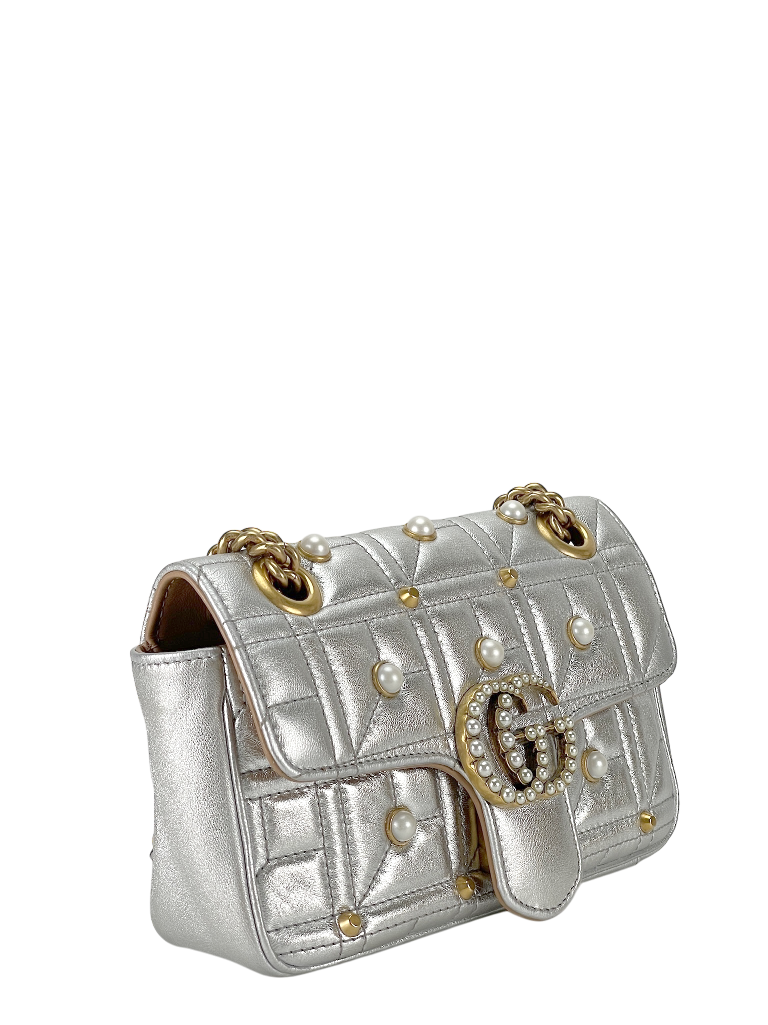 GUCCI - Matelasse Studded Mini Pearly GG Marmont Shoulder Bag Silver Metallic Calfskin