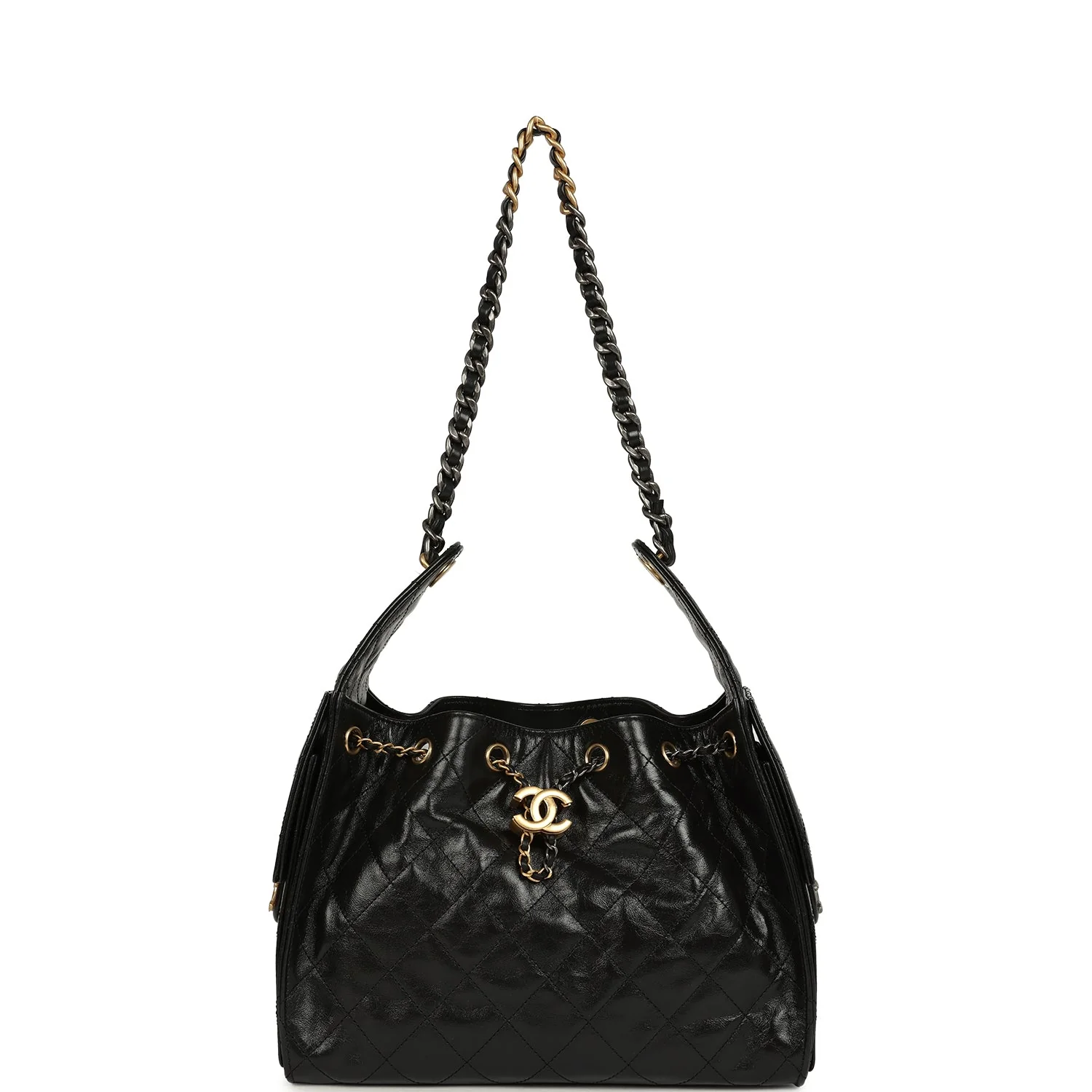 Pre-owned Chanel Small 25 Hobo Bag Black Shiny Crumpled Calfskin Mixed Metal Hardware
