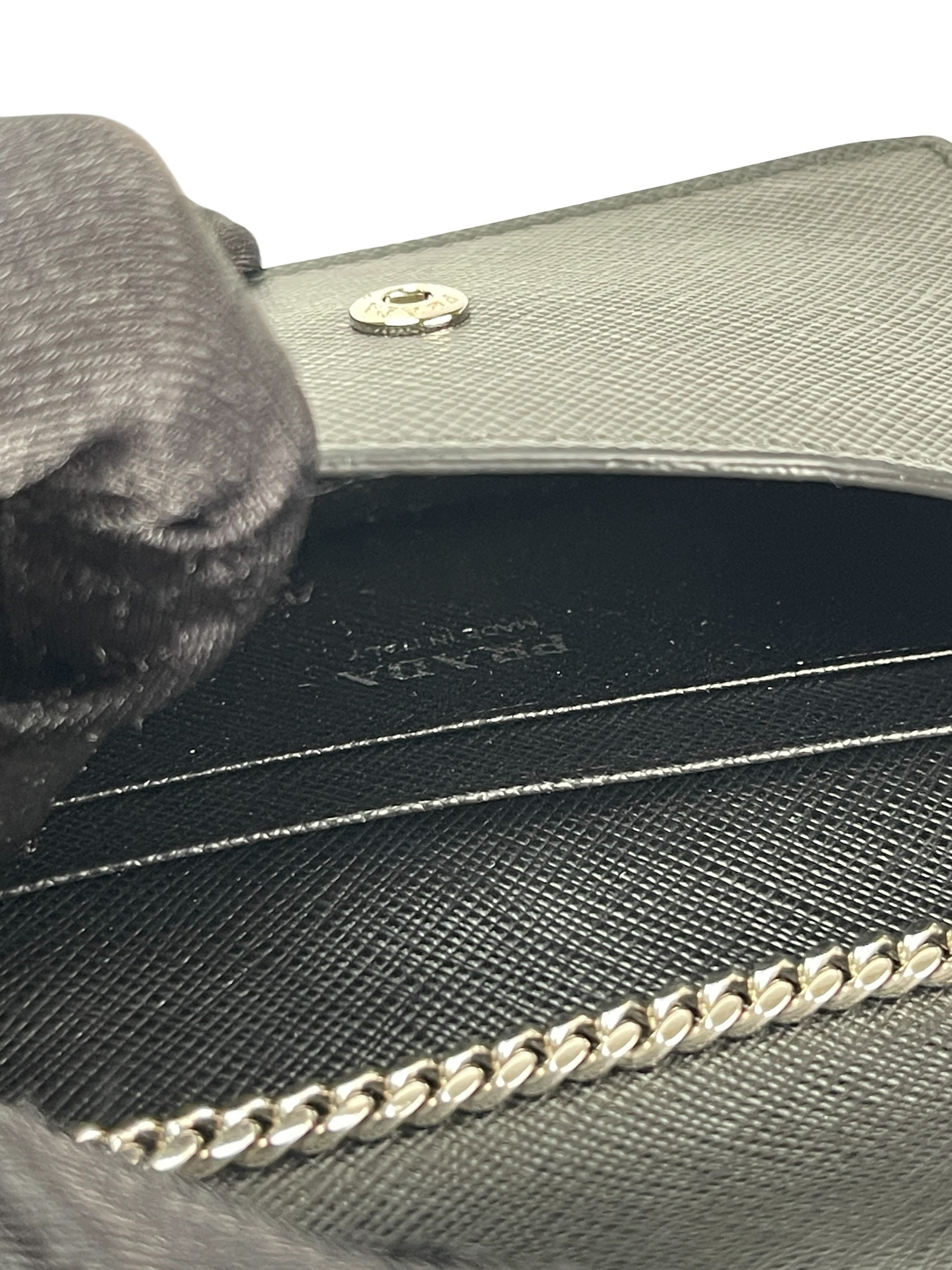 PRADA - Black Saffiano leather card holder with shoulder strap